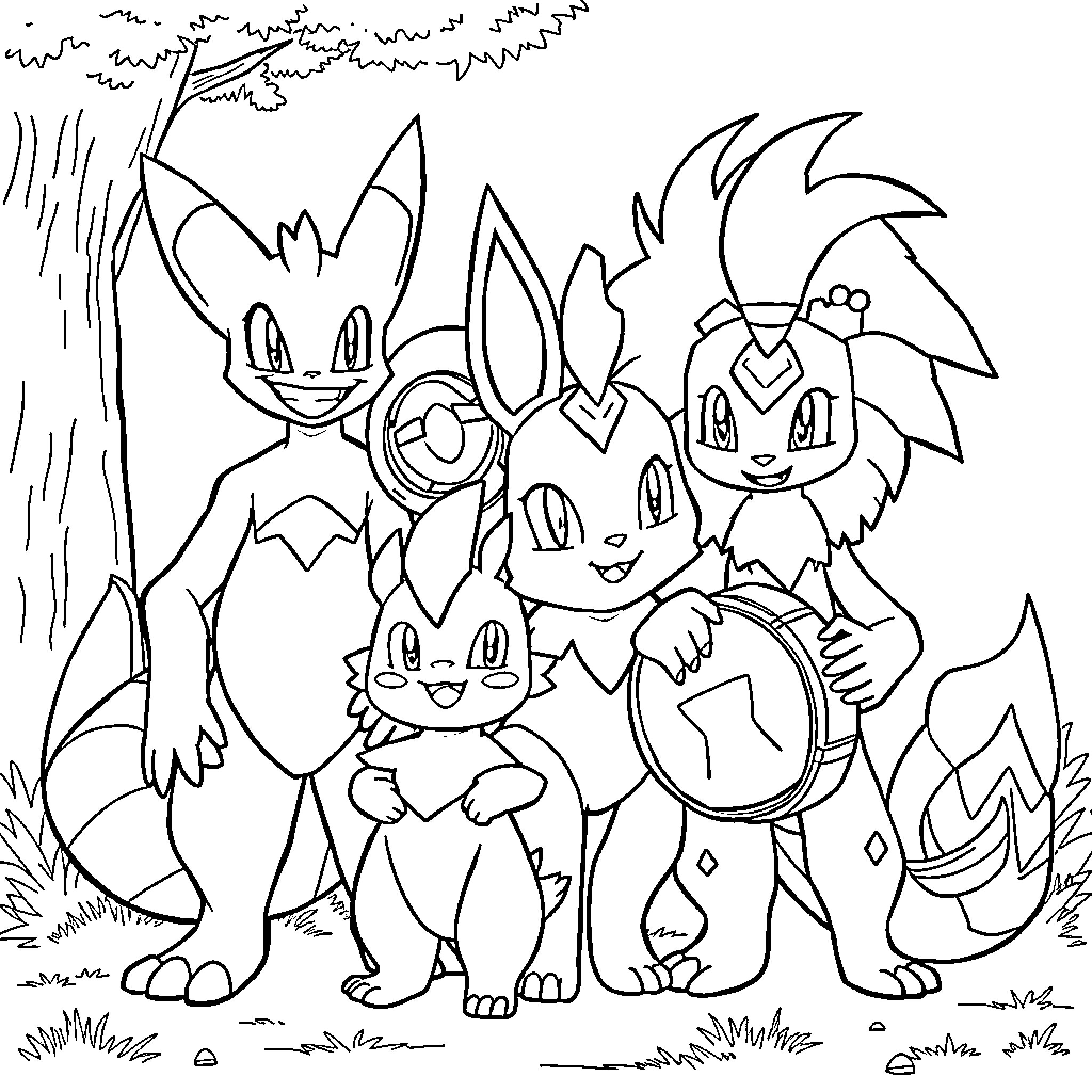 Electivire and Electric-Type Pokémon Posing Energetically Coloring Page (free black-and-white line drawing printable PDF for all, from beginners to advanced learners, including children, teens, adults, and seniors)