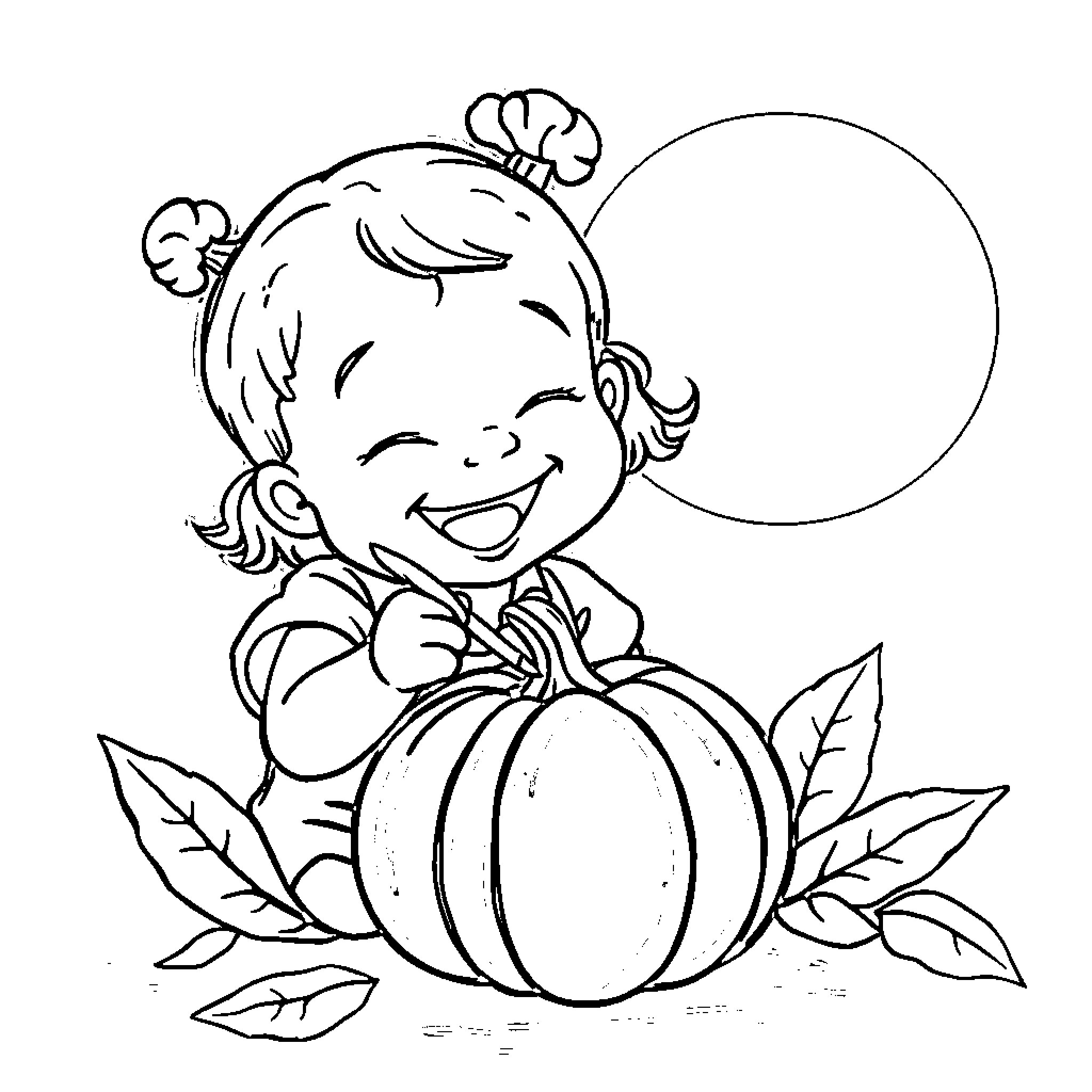 Toddler playing with pumpkin in autumn Coloring Page (free black-and-white line drawing printable PDF for all, from beginners to advanced learners, including children, teens, adults, and seniors)