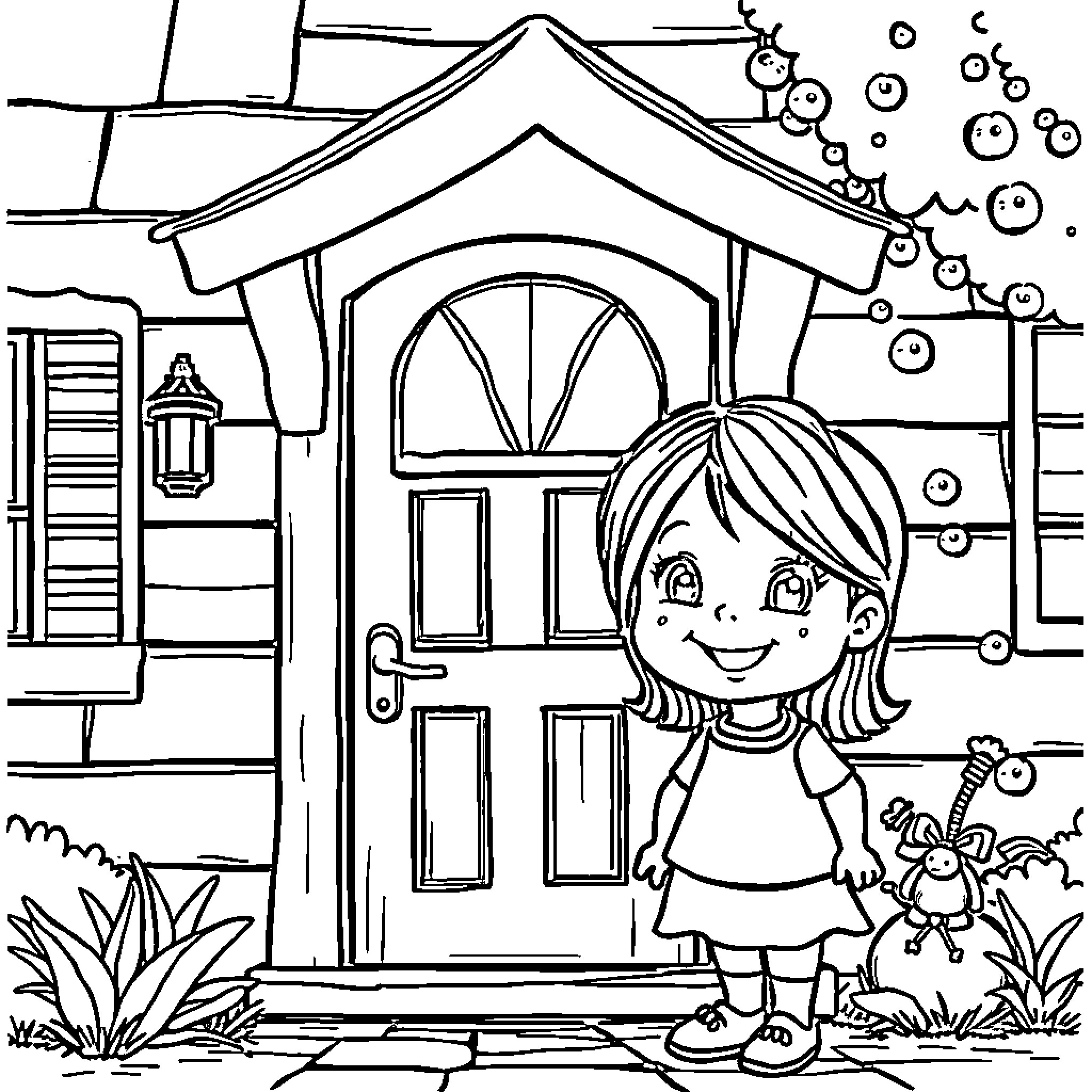 Child playing outside a cozy cottage Coloring Page (free black-and-white line drawing printable PDF for all, from beginners to advanced learners, including children, teens, adults, and seniors)