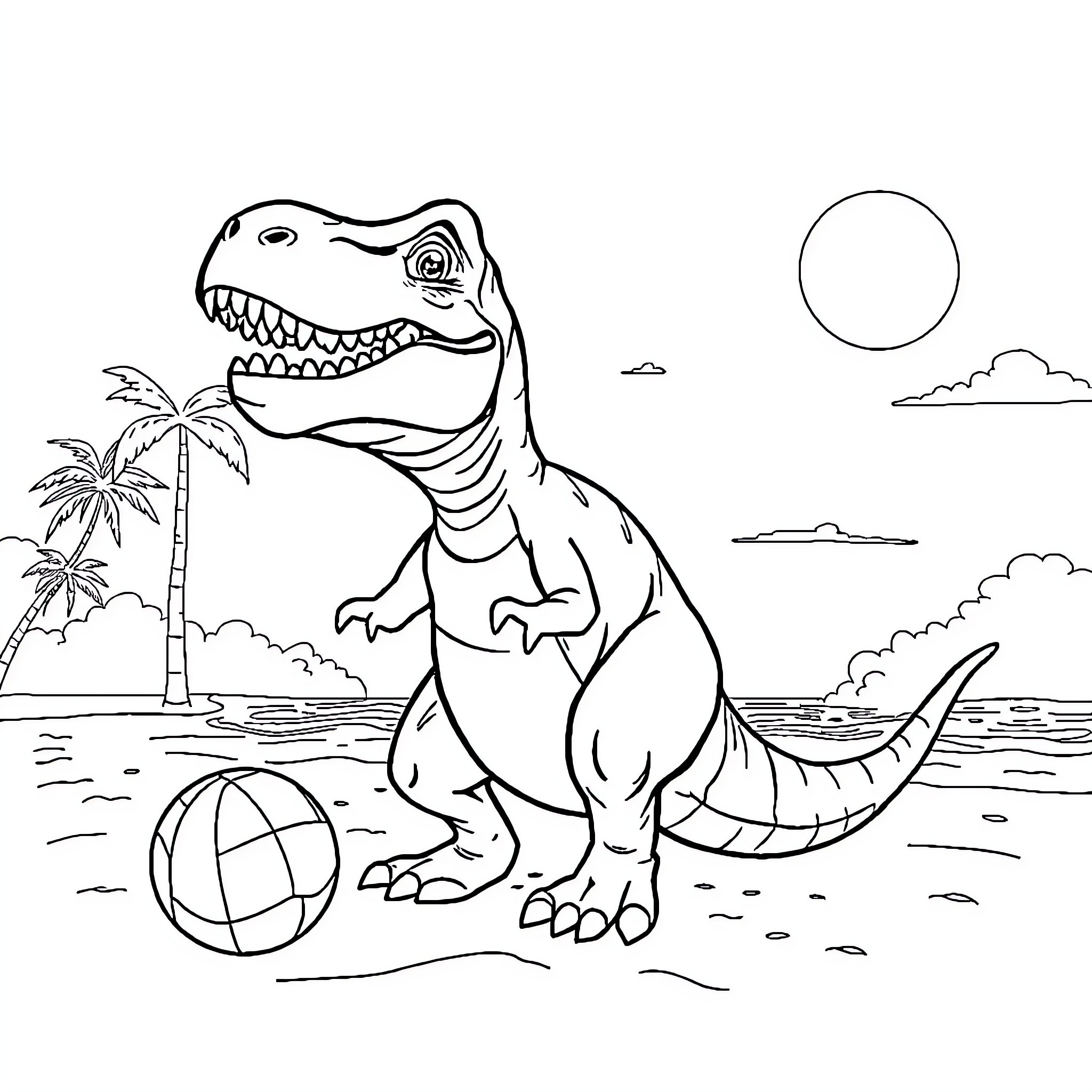 T-Rex playing with beach ball on tropical island Coloring Page (free black-and-white line drawing printable PDF for all, from beginners to advanced learners, including children, teens, adults, and seniors)