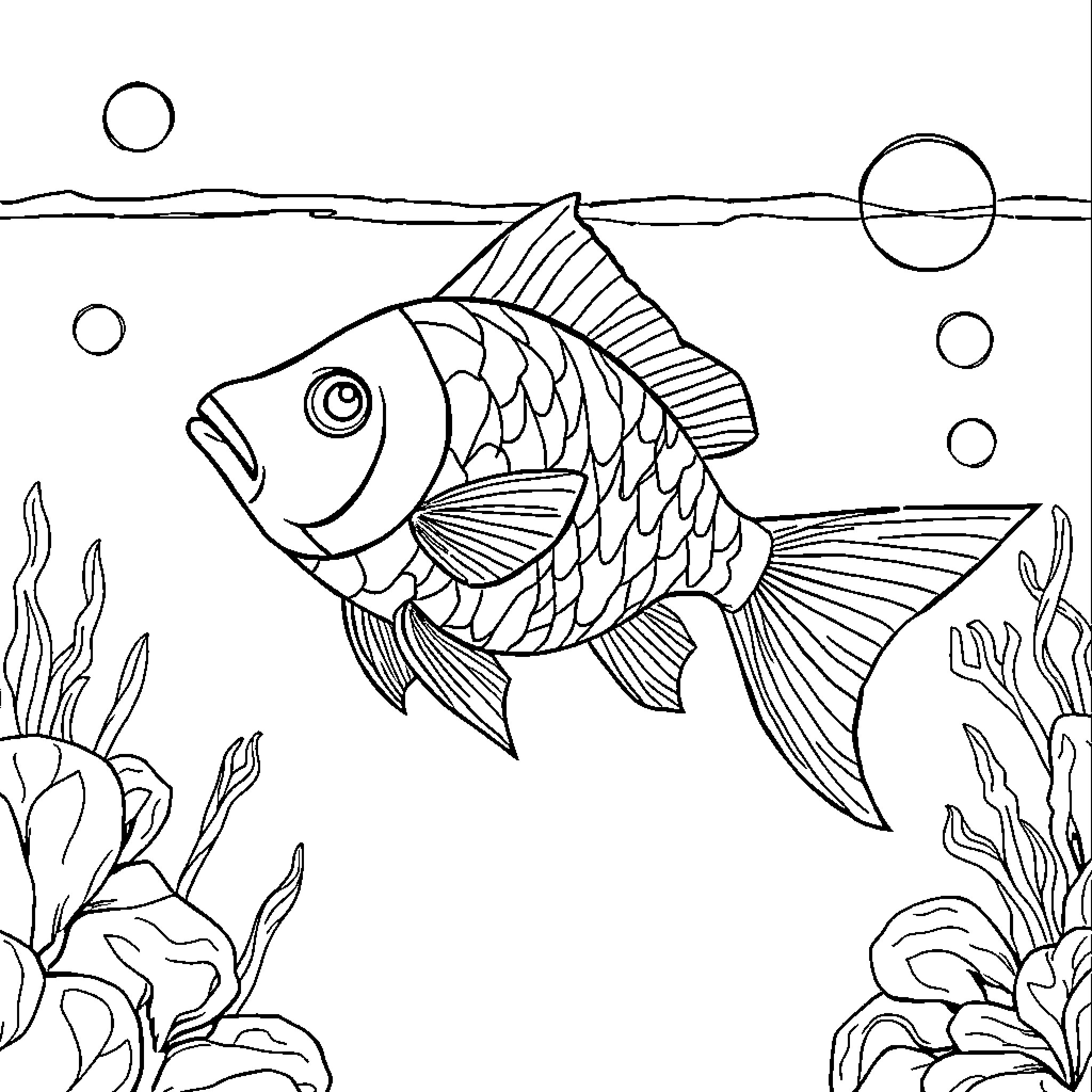 Fish swimming amidst marine life Coloring Page (free black-and-white line drawing printable PDF for all, from beginners to advanced learners, including children, teens, adults, and seniors)