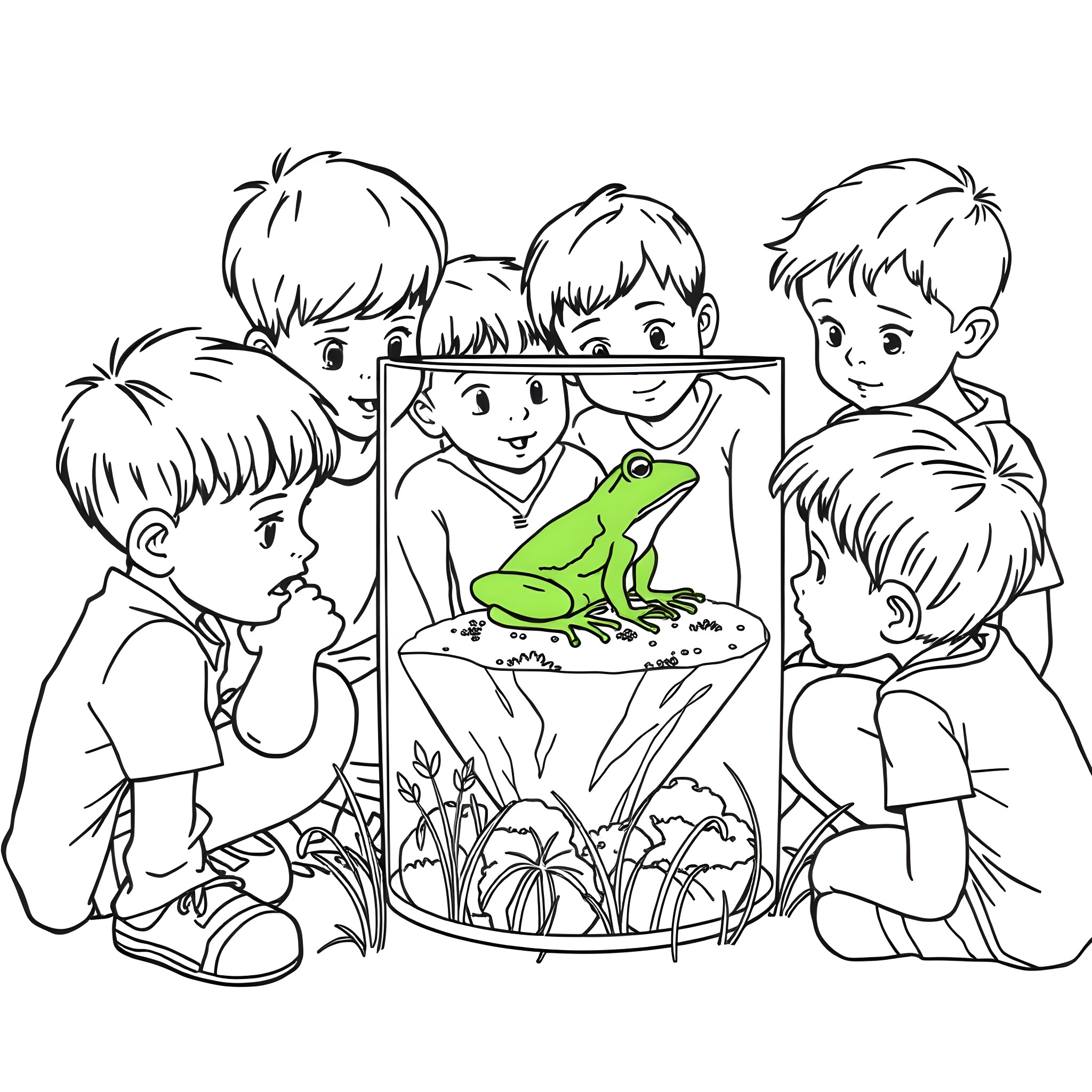 Boys Examining a Frog in a Terrarium Coloring Page (free black-and-white line drawing printable PDF for all, from beginners to advanced learners, including children, teens, adults, and seniors)
