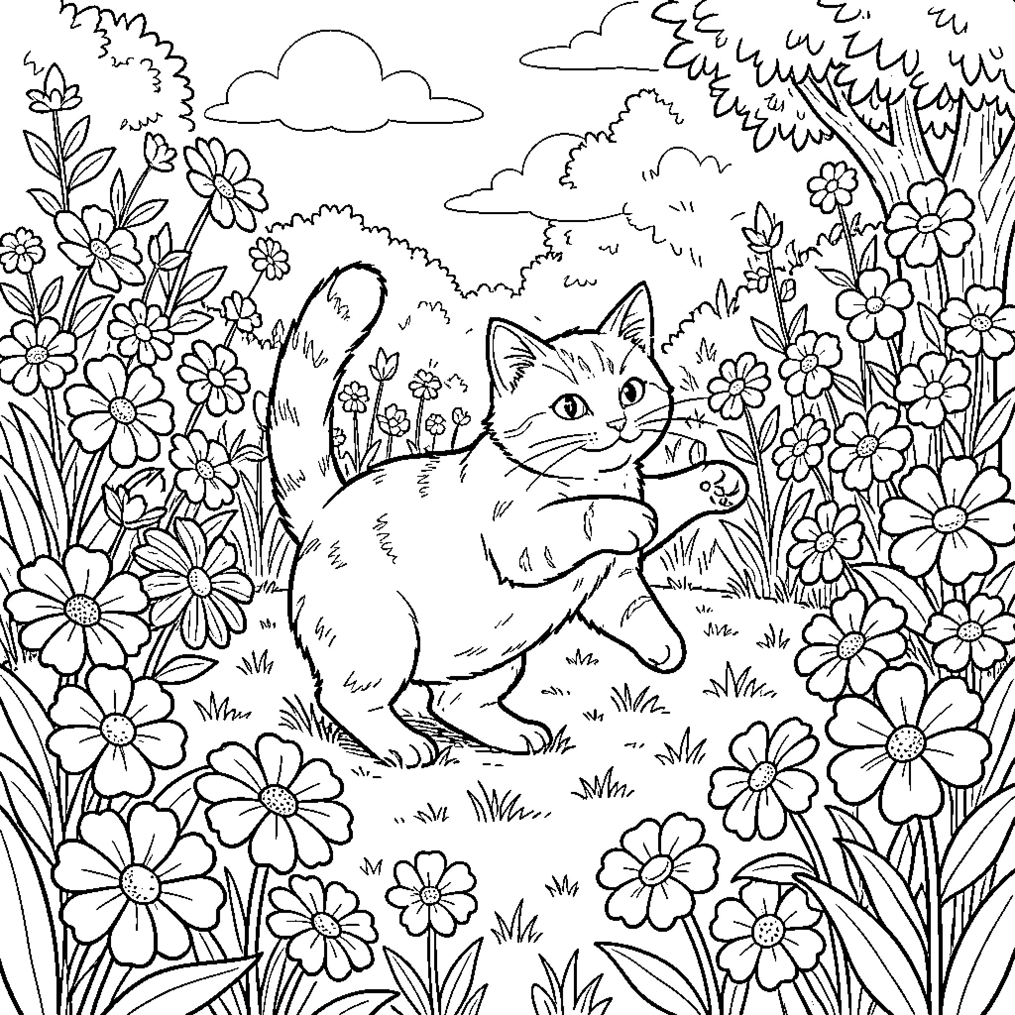 Cat Exploring Lush Floral Garden Coloring Page (free black-and-white line drawing printable PDF for all, from beginners to advanced learners, including children, teens, adults, and seniors)