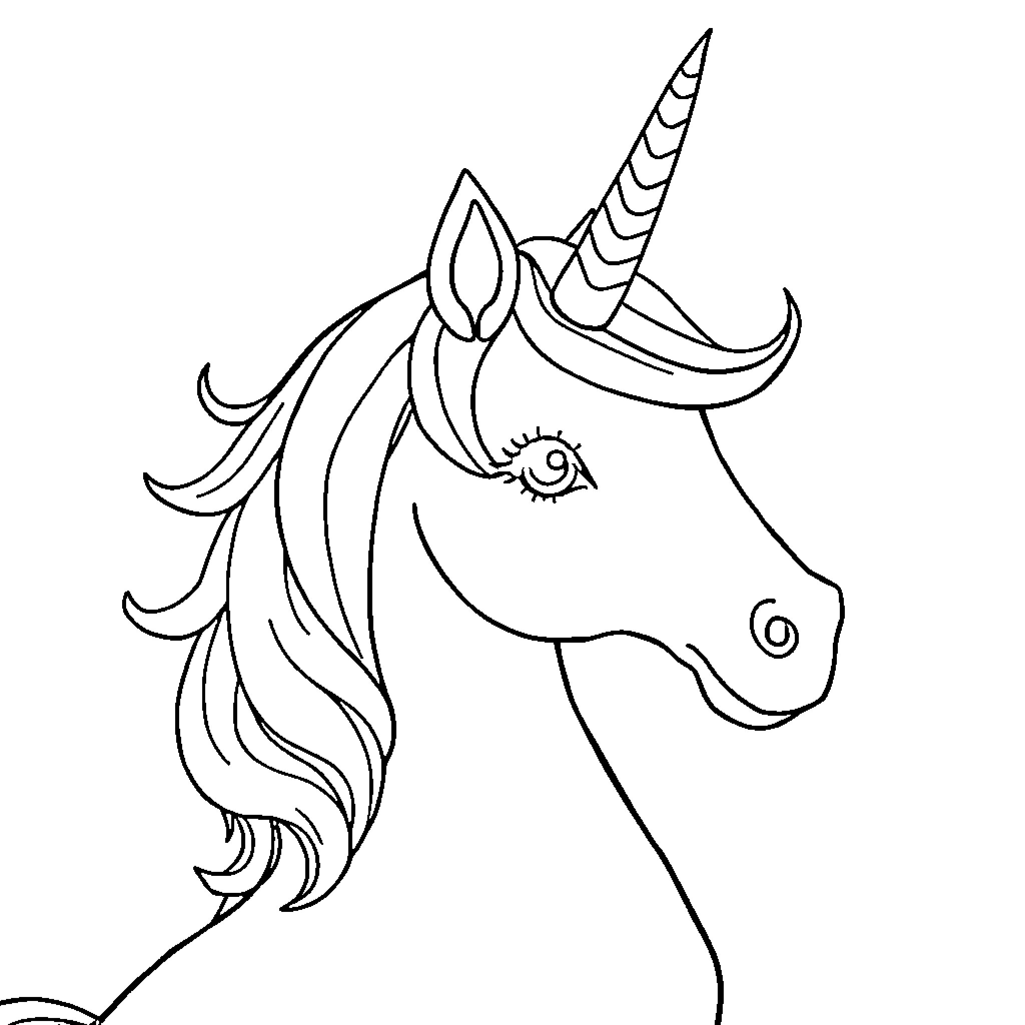 Unicorn with Flowing Mane and Horn Coloring Page (free black-and-white line drawing printable PDF for all, from beginners to advanced learners, including children, teens, adults, and seniors)