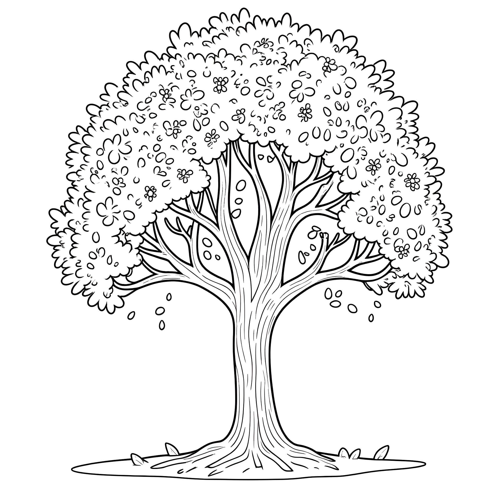 Tree with intricate foliage and branches Coloring Page (free black-and-white line drawing printable PDF for all, from beginners to advanced learners, including children, teens, adults, and seniors)