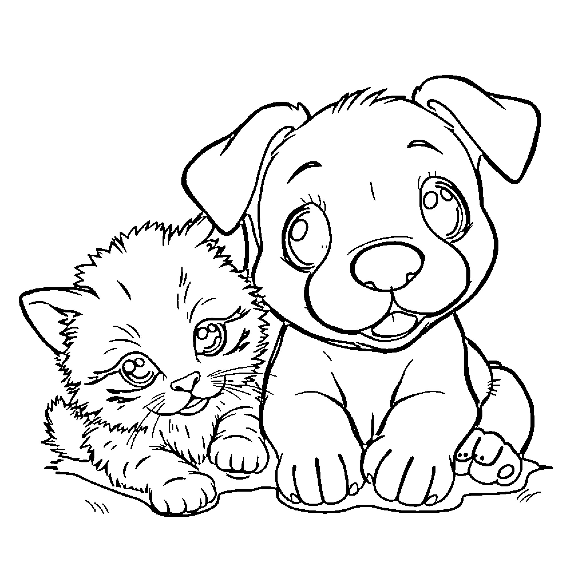 Puppy and kitten playing together happily Coloring Page (free black-and-white line drawing printable PDF for all, from beginners to advanced learners, including children, teens, adults, and seniors)
