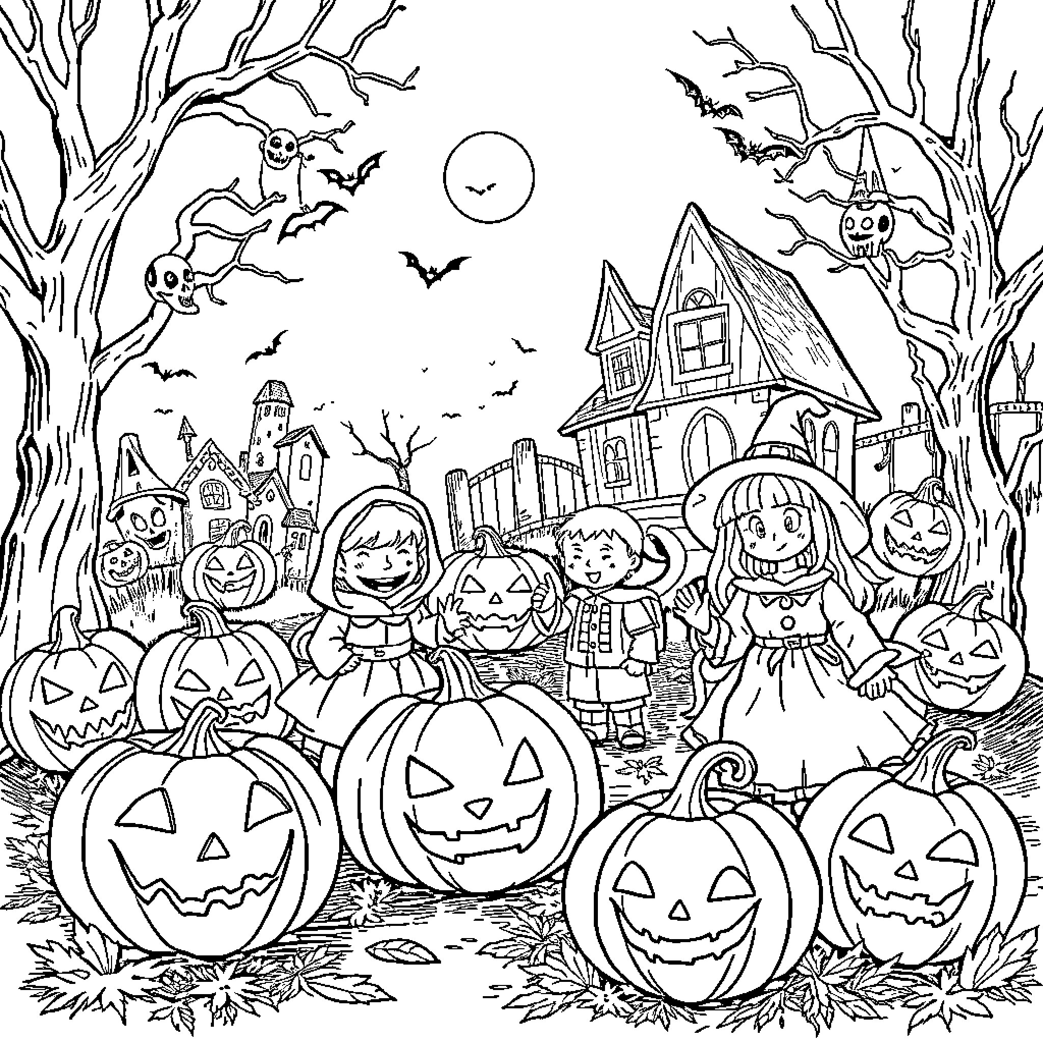 Halloween characters trick-or-treating at haunted house Coloring Page (free black-and-white line drawing printable PDF for all, from beginners to advanced learners, including children, teens, adults, and seniors)