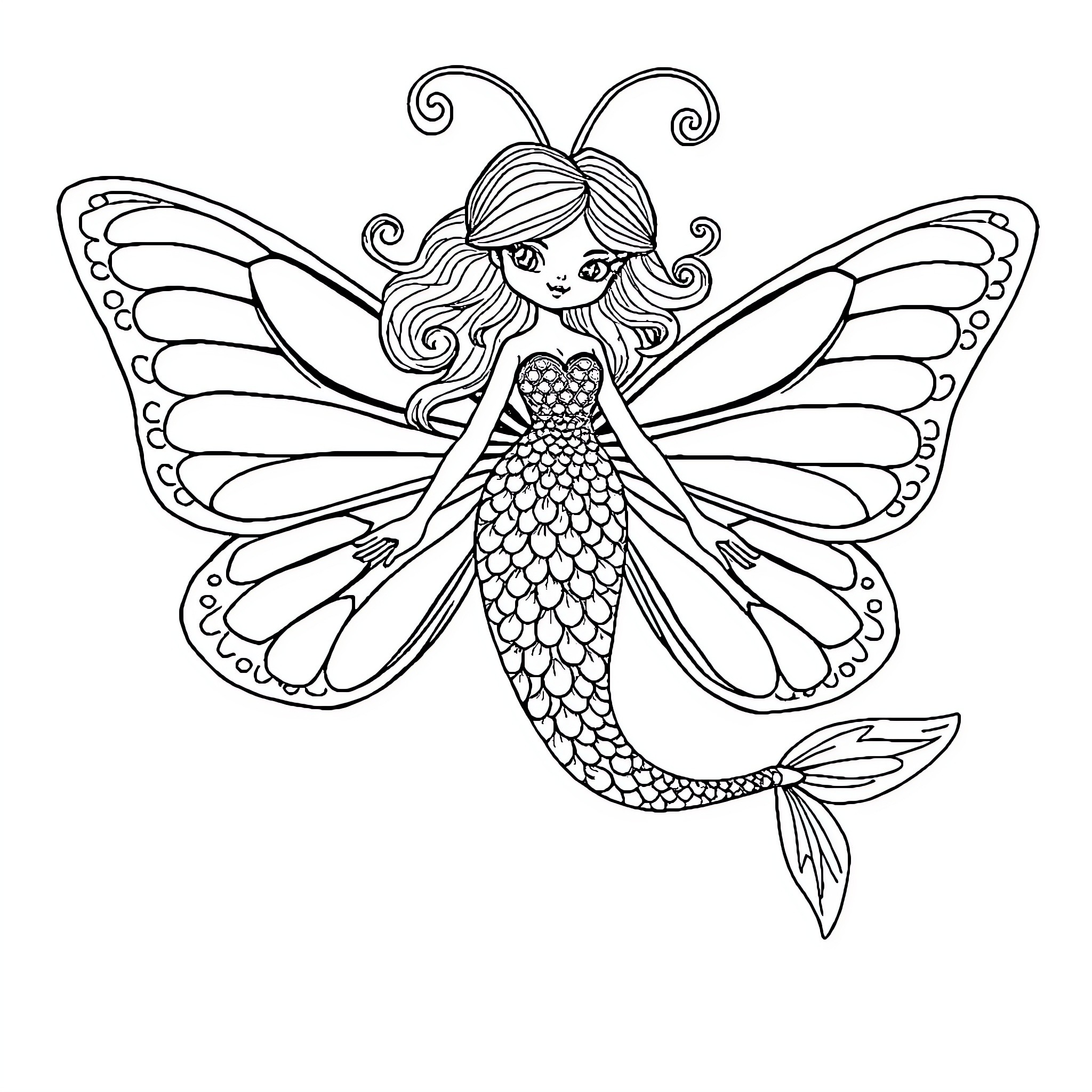 Mermaid Fairy with Butterfly Wings and Scales Coloring Page (free black-and-white line drawing printable PDF for all, from beginners to advanced learners, including children, teens, adults, and seniors)