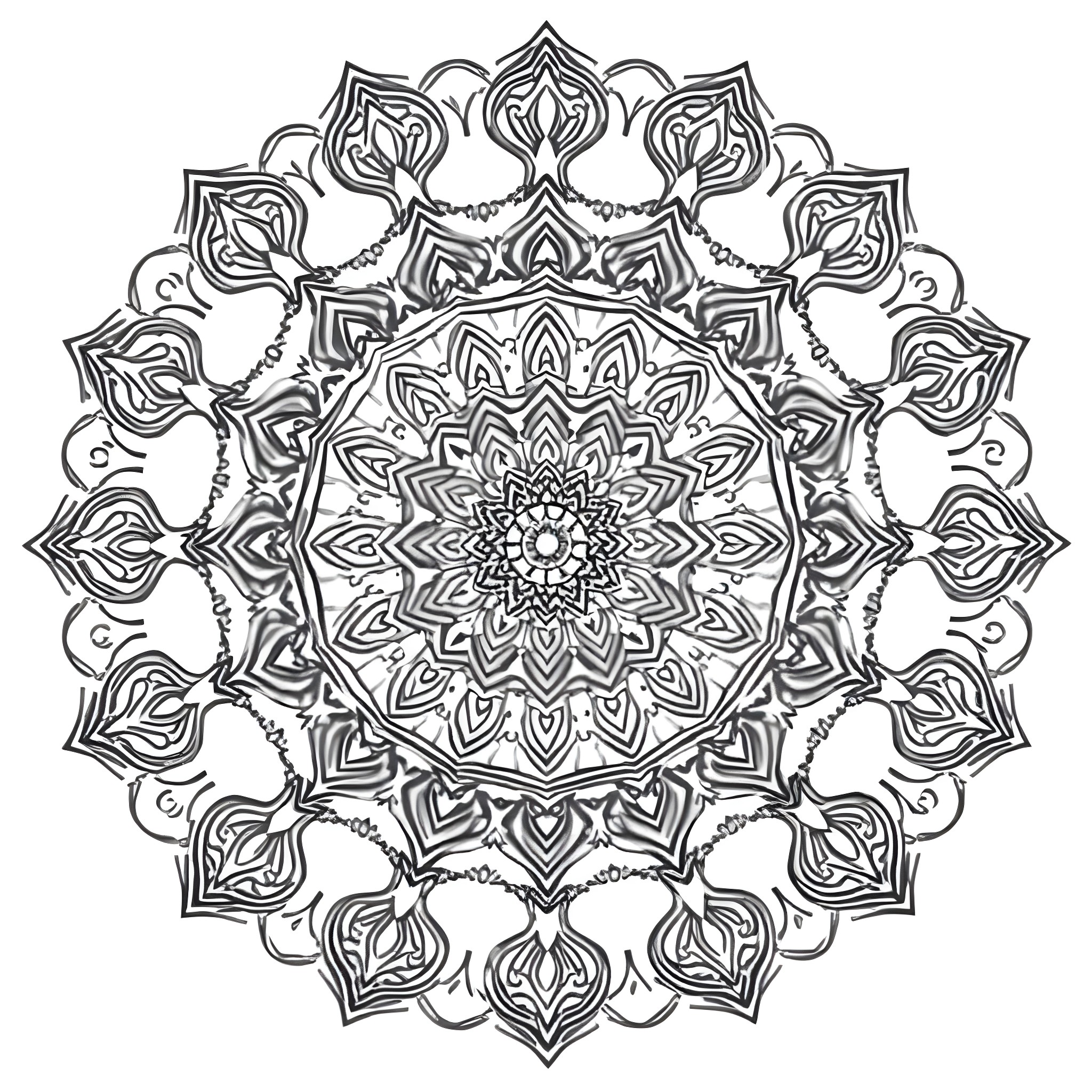 Mandala of intricate floral patterns and symmetry Coloring Page (free black-and-white line drawing printable PDF for all, from beginners to advanced learners, including children, teens, adults, and seniors)