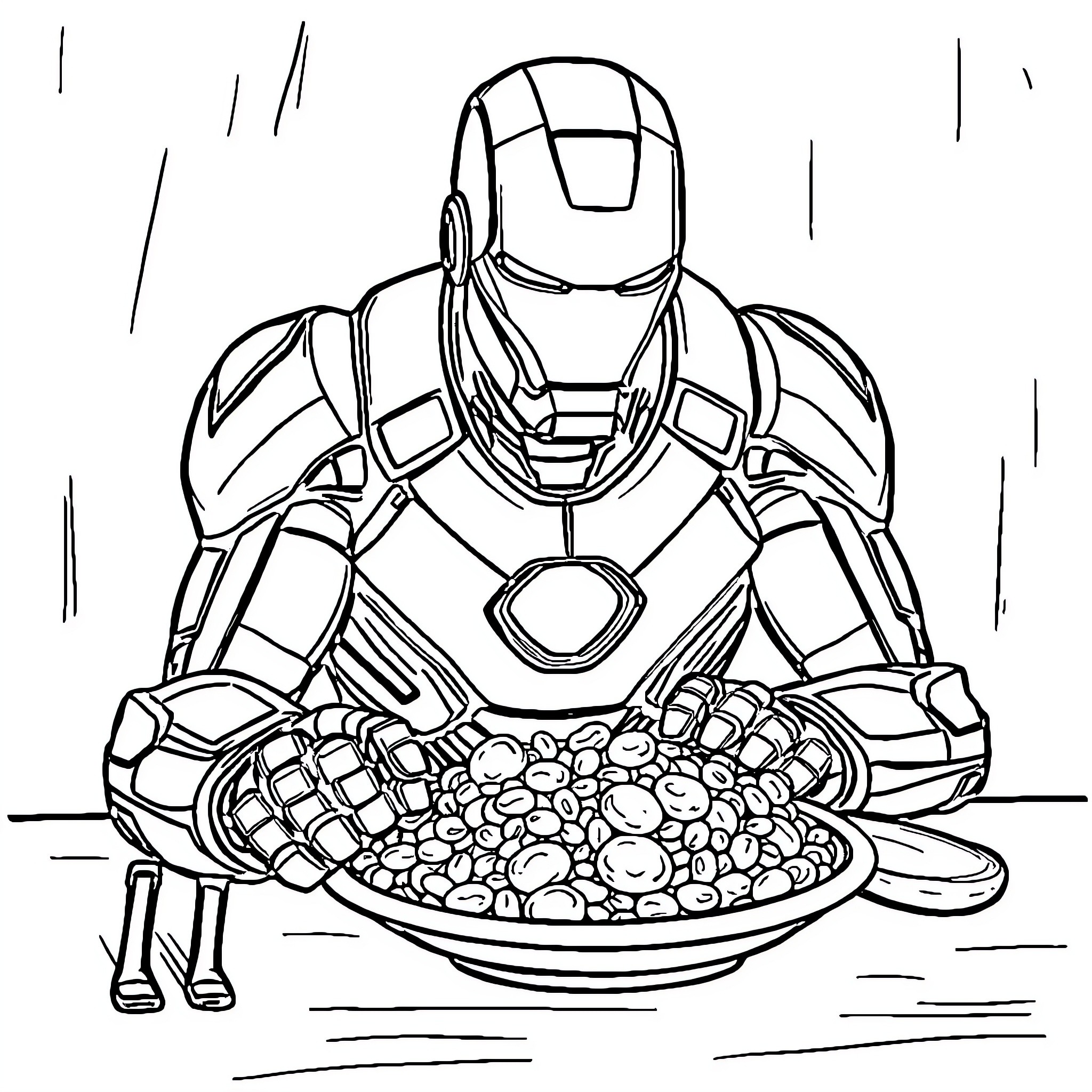 Iron Man Enjoying a Bowl of Delicious Soup Coloring Page (free black-and-white line drawing printable PDF for all, from beginners to advanced learners, including children, teens, adults, and seniors)