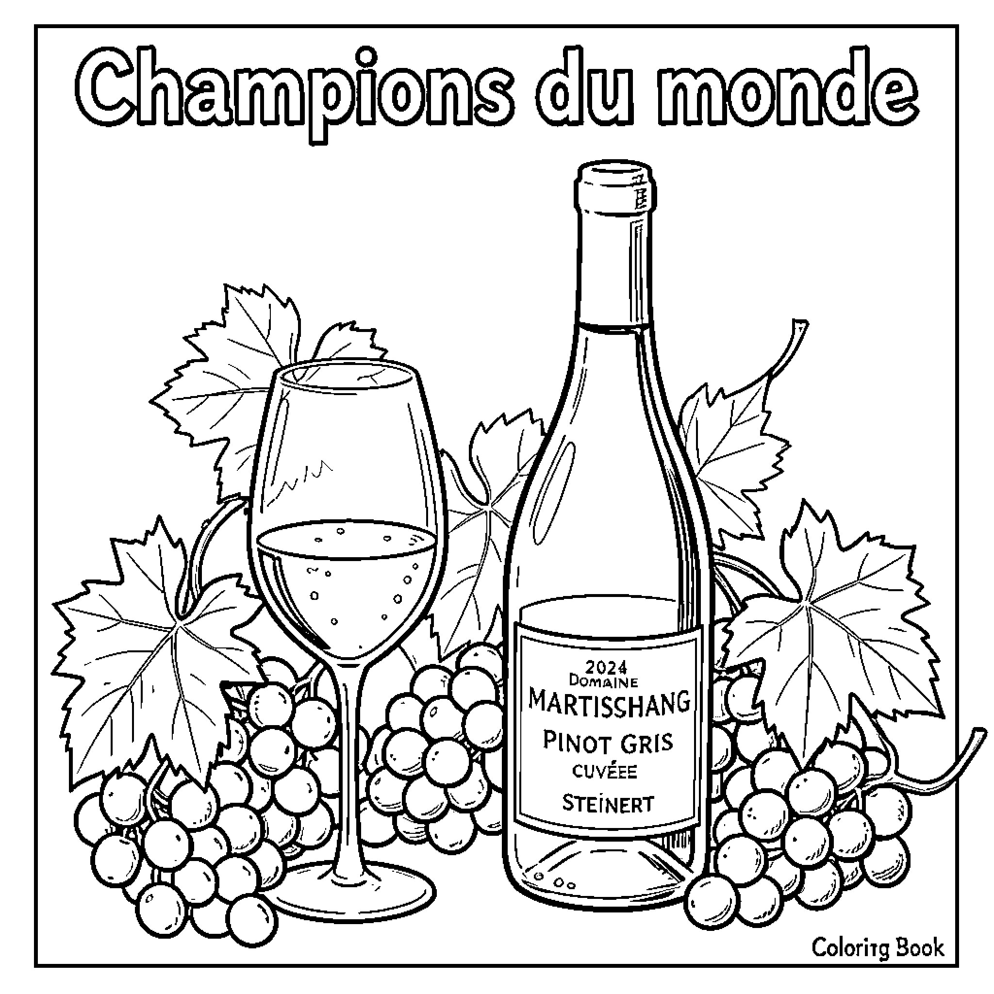Wine bottle and glass surrounded by fresh grapes Coloring Page (free black-and-white line drawing printable PDF for all, from beginners to advanced learners, including children, teens, adults, and seniors)