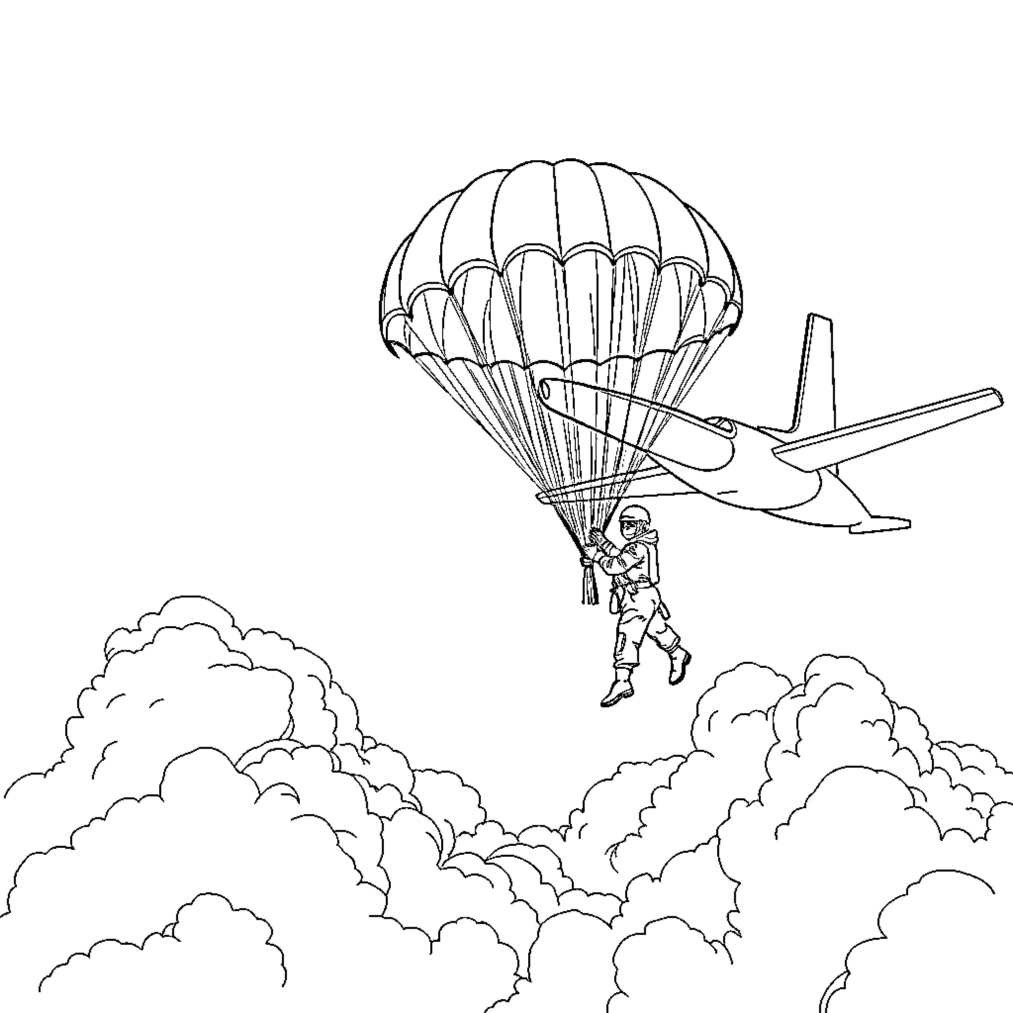 Parachutist descending from plane in the sky Coloring Page (free black-and-white line drawing printable PDF for all, from beginners to advanced learners, including children, teens, adults, and seniors)