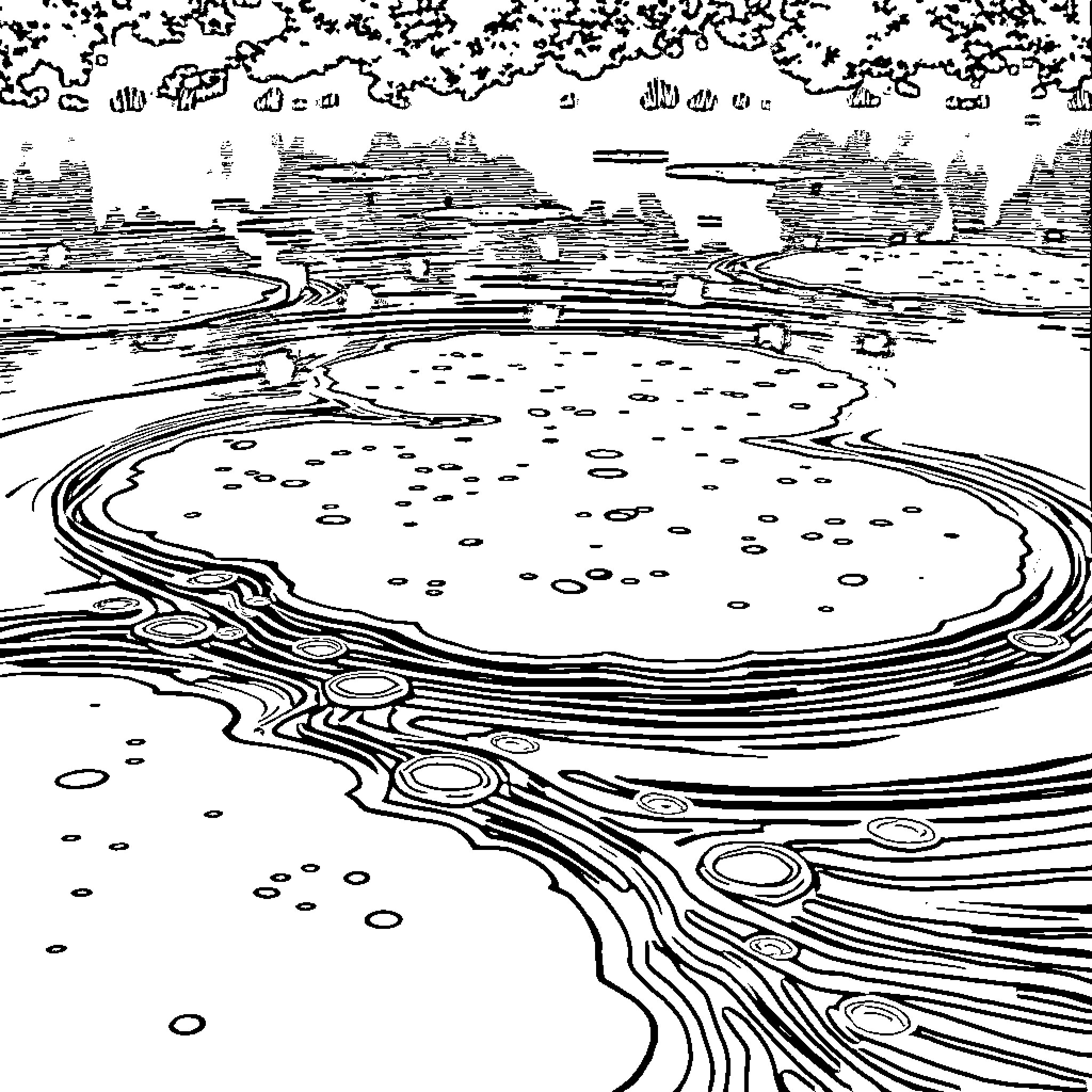 Algae Covered Pond Reflecting the Landscape Coloring Page (free black-and-white line drawing printable PDF for all, from beginners to advanced learners, including children, teens, adults, and seniors)