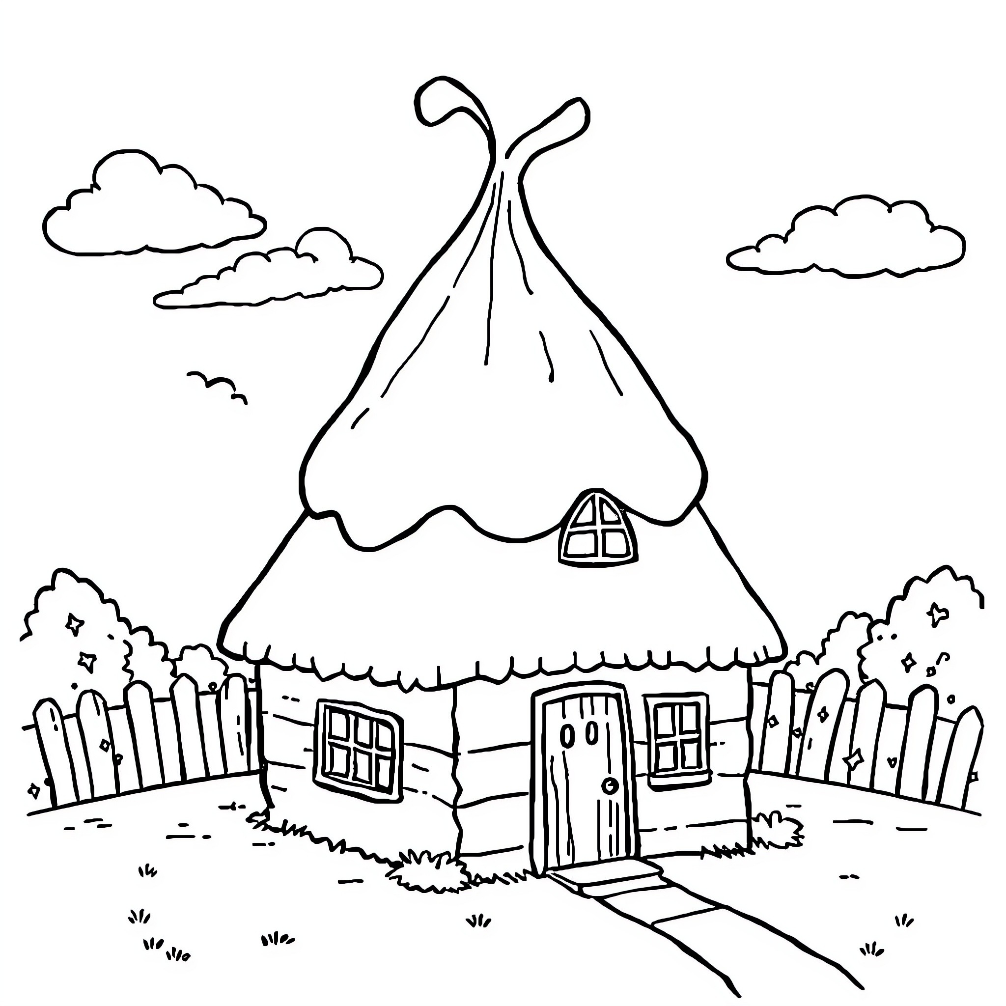 Poop in a Picturesque Cottage Coloring Page (free black-and-white line drawing printable PDF for all, from beginners to advanced learners, including children, teens, adults, and seniors)
