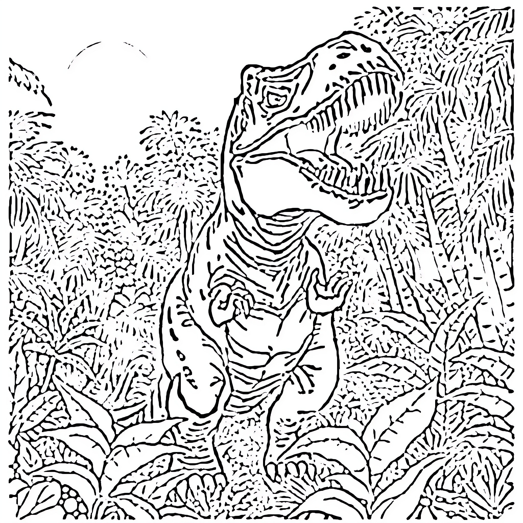 Dinosaur roaring amid lush foliage Coloring Page (free black-and-white line drawing printable PDF for all, from beginners to advanced learners, including children, teens, adults, and seniors)
