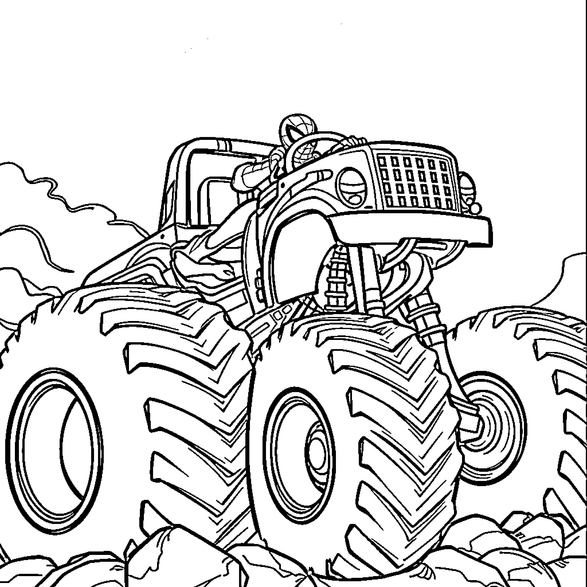 Spider-Man driving a mighty monster truck through the terrain Coloring Page (free black-and-white line drawing printable PDF for all, from beginners to advanced learners, including children, teens, adults, and seniors)