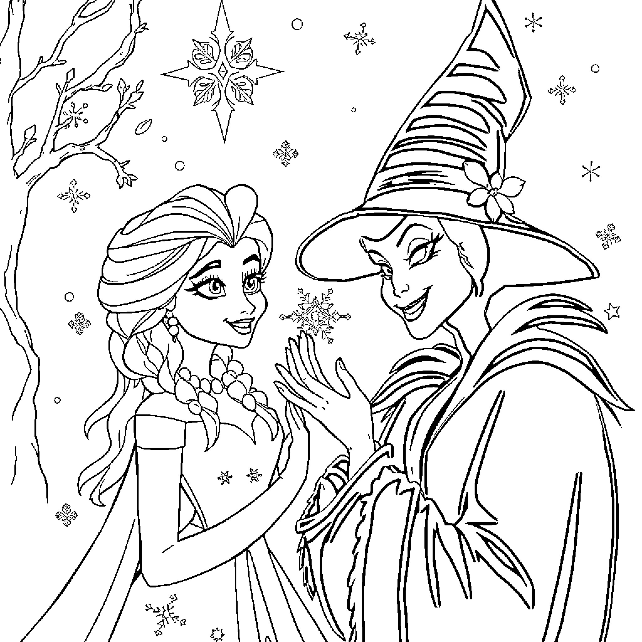 Wicked Witches' Magical Winter Wonderland Coloring Page (free black-and-white line drawing printable PDF for all, from beginners to advanced learners, including children, teens, adults, and seniors)