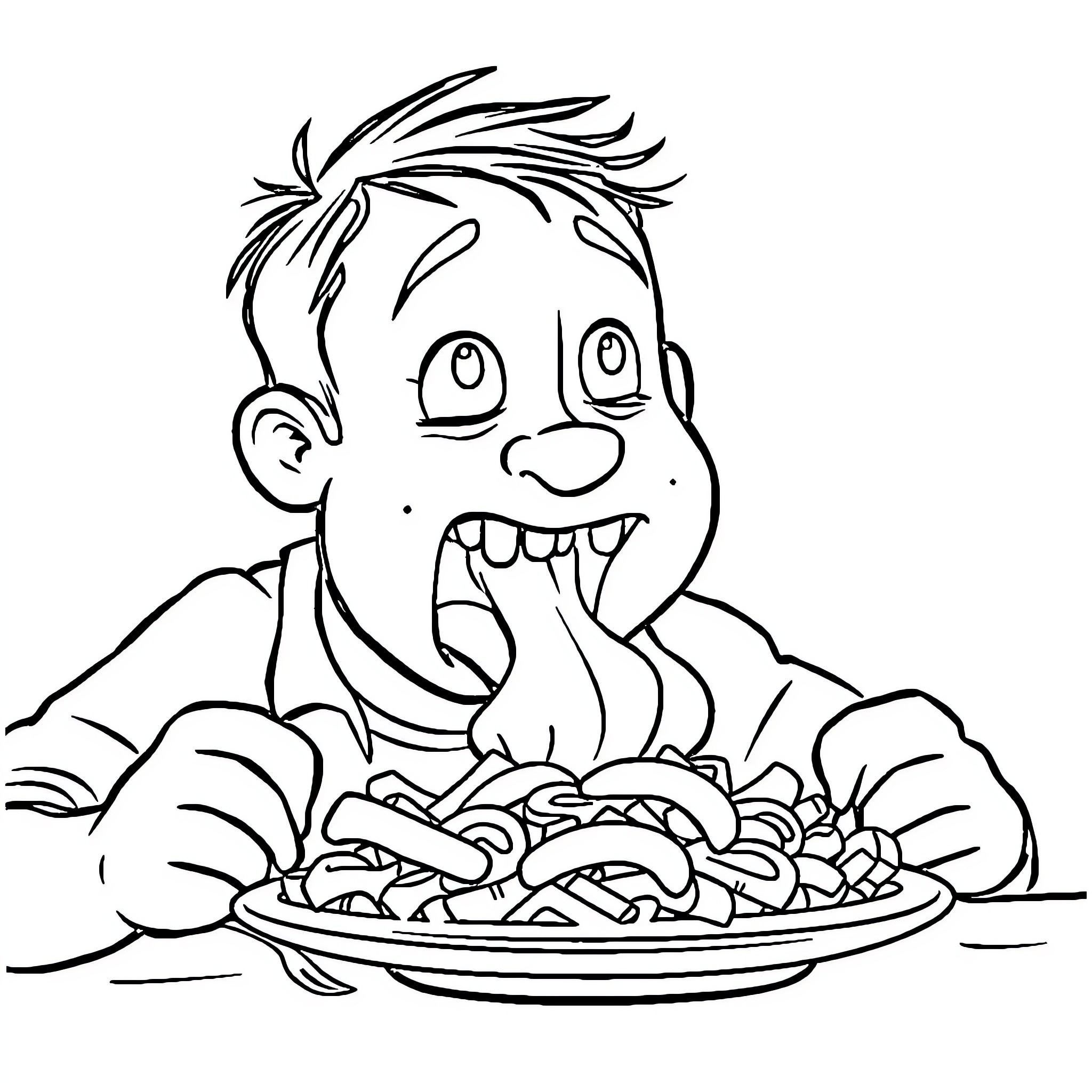 Hungry Boy Devouring Delicious Meal Coloring Page (free black-and-white line drawing printable PDF for all, from beginners to advanced learners, including children, teens, adults, and seniors)