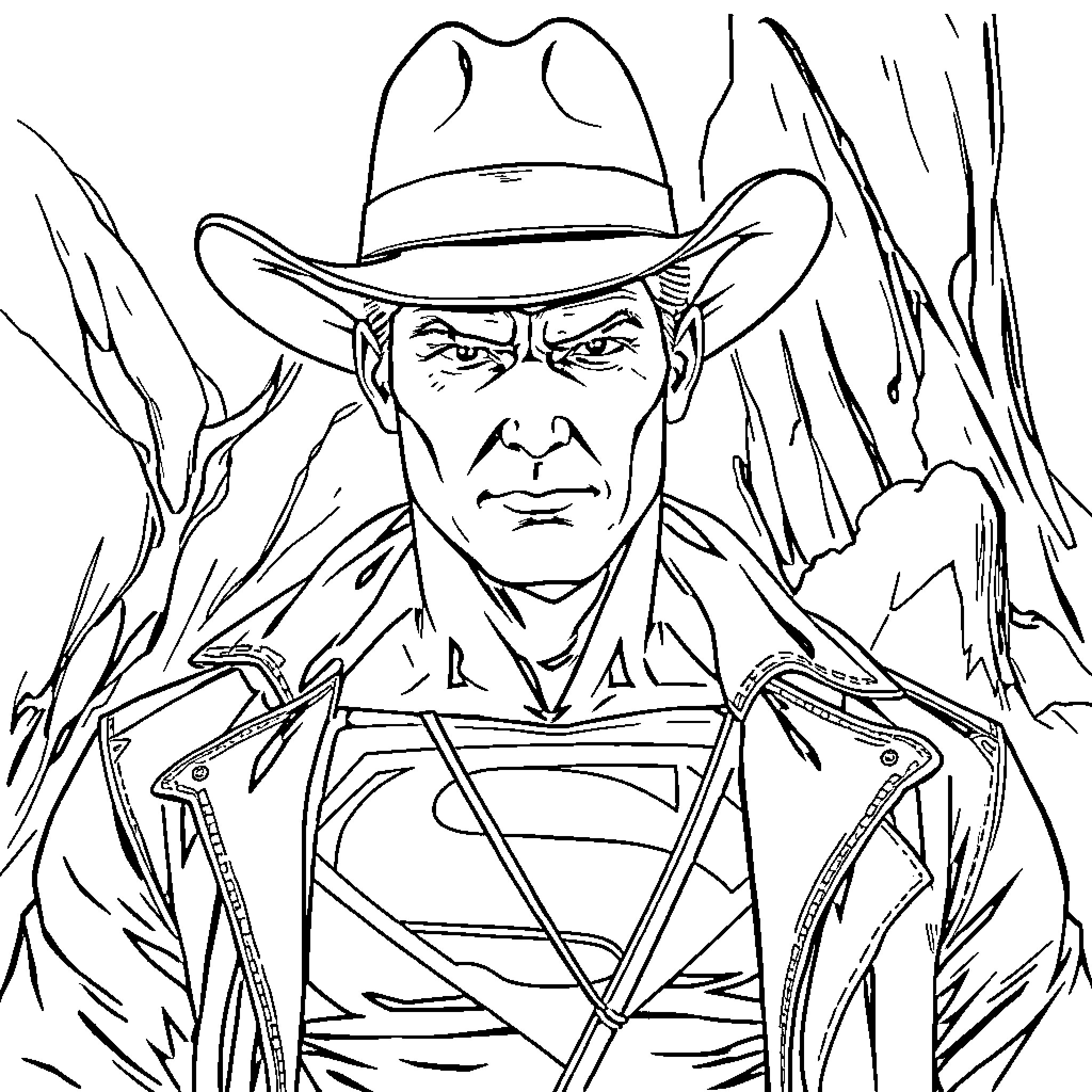 Superman in cowboy outfit facing adversity Coloring Page (free black-and-white line drawing printable PDF for all, from beginners to advanced learners, including children, teens, adults, and seniors)
