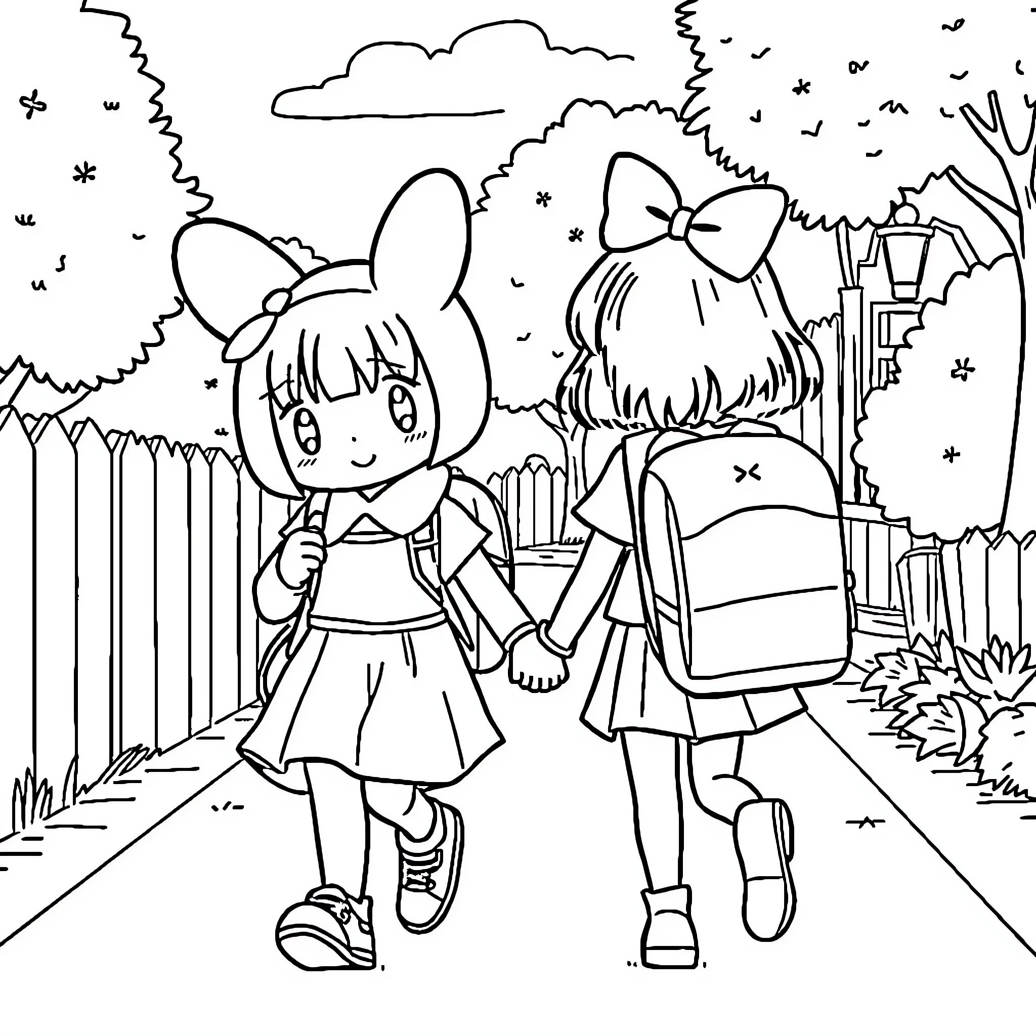 My Melody - Schoolgirls on a Nature Walk Coloring Page (free black-and-white line drawing printable PDF for all, from beginners to advanced learners, including children, teens, adults, and seniors)