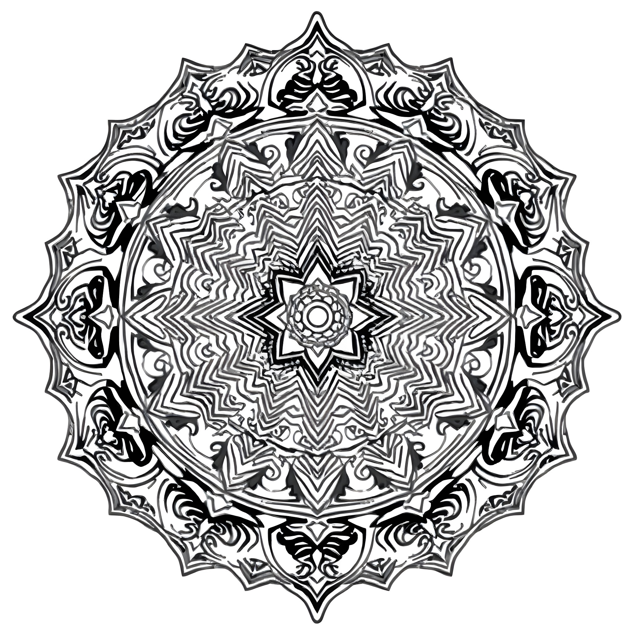 Chakra Mandala with Intricate Geometric Patterns Coloring Page (free black-and-white line drawing printable PDF for all, from beginners to advanced learners, including children, teens, adults, and seniors)