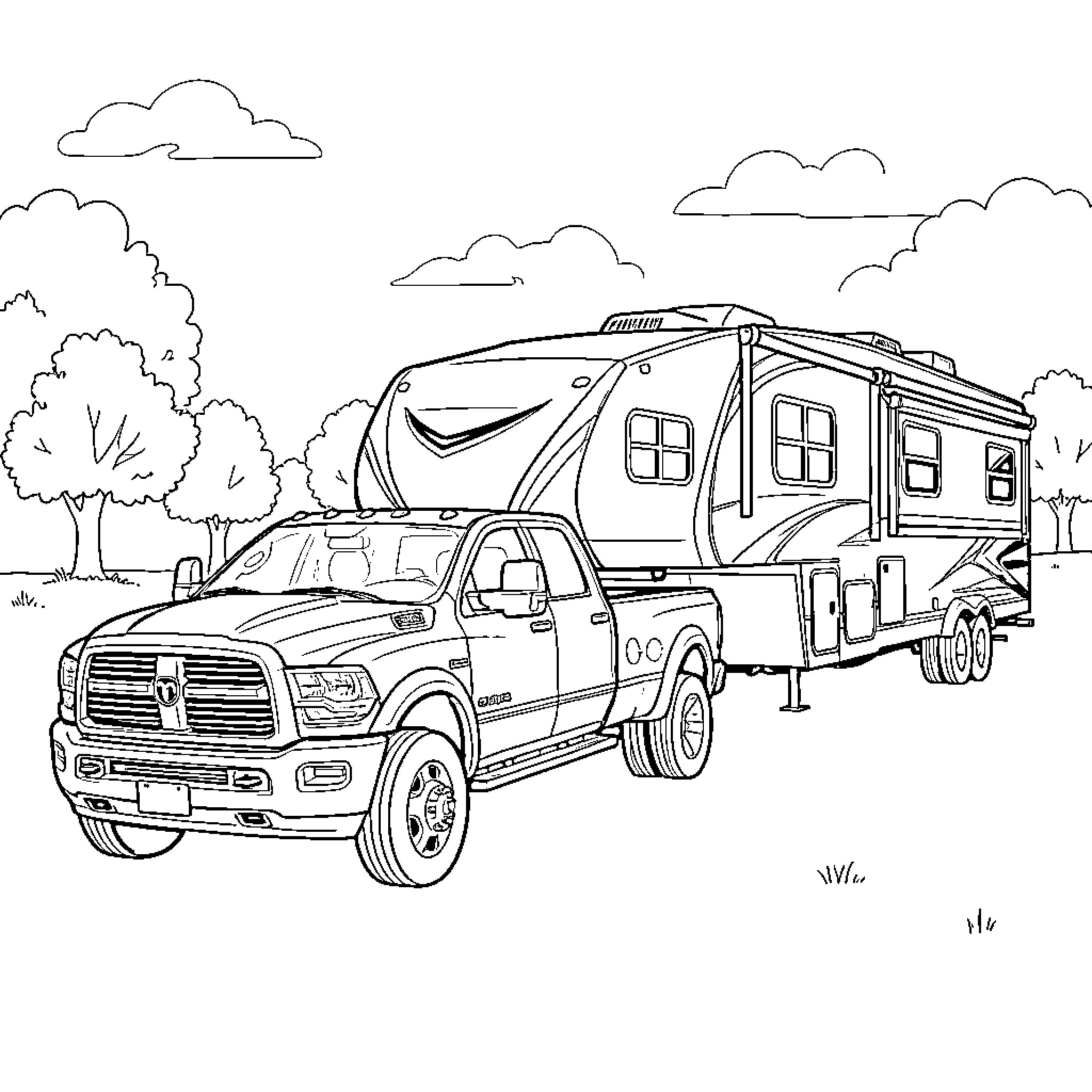 Ram truck towing a large camper trailer outdoors Coloring Page (free black-and-white line drawing printable PDF for all, from beginners to advanced learners, including children, teens, adults, and seniors)