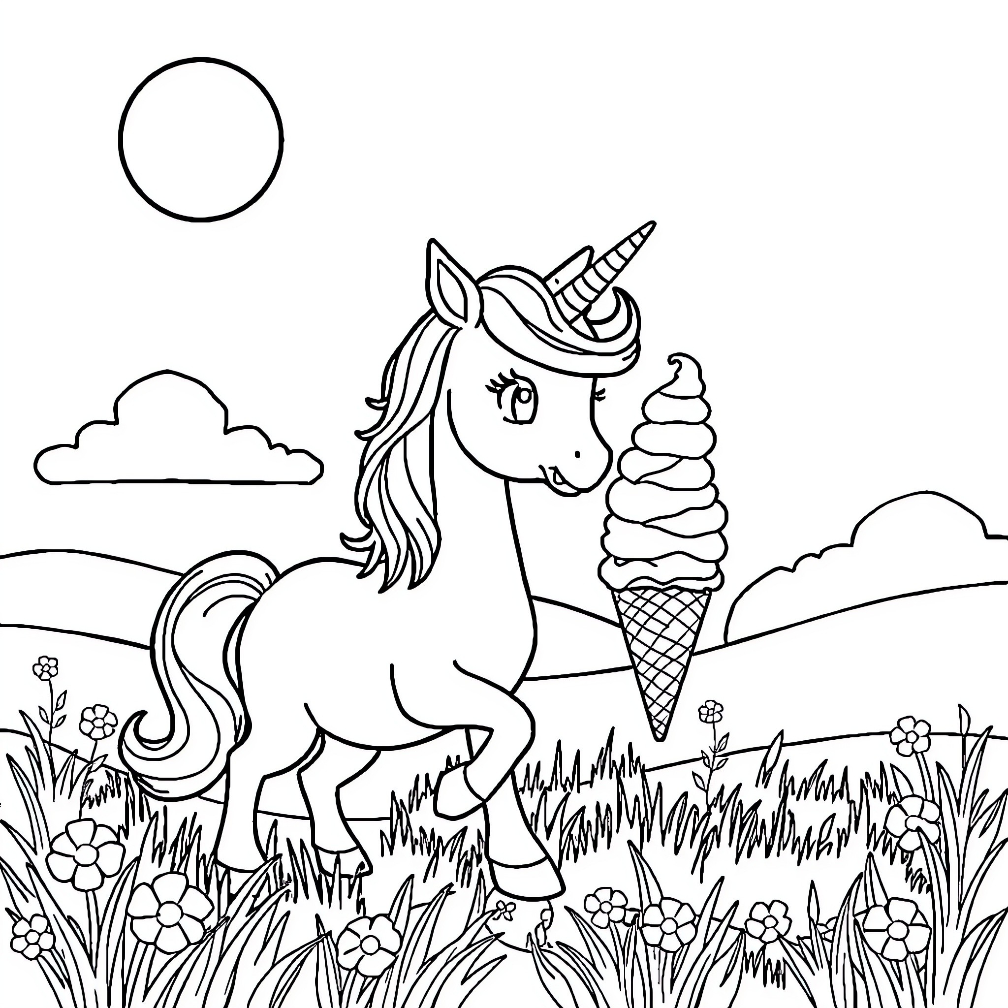 Unicorn enjoying an ice cream cone in the meadow Coloring Page (free black-and-white line drawing printable PDF for all, from beginners to advanced learners, including children, teens, adults, and seniors)