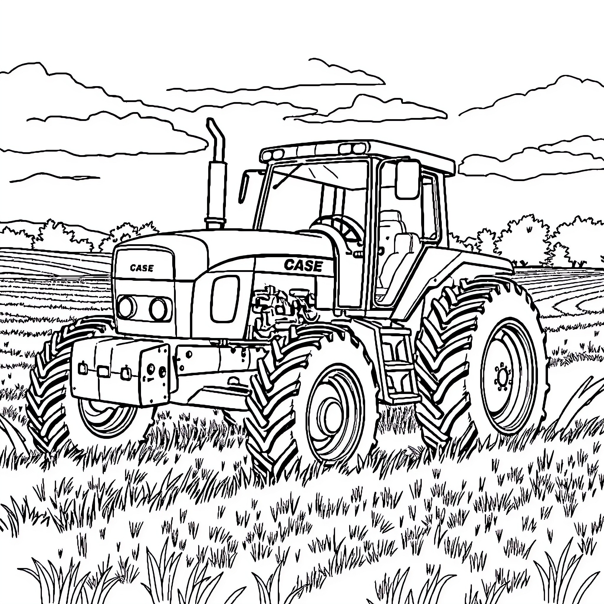 Tractor at work on the farmland Coloring Page (free black-and-white line drawing printable PDF for all, from beginners to advanced learners, including children, teens, adults, and seniors)