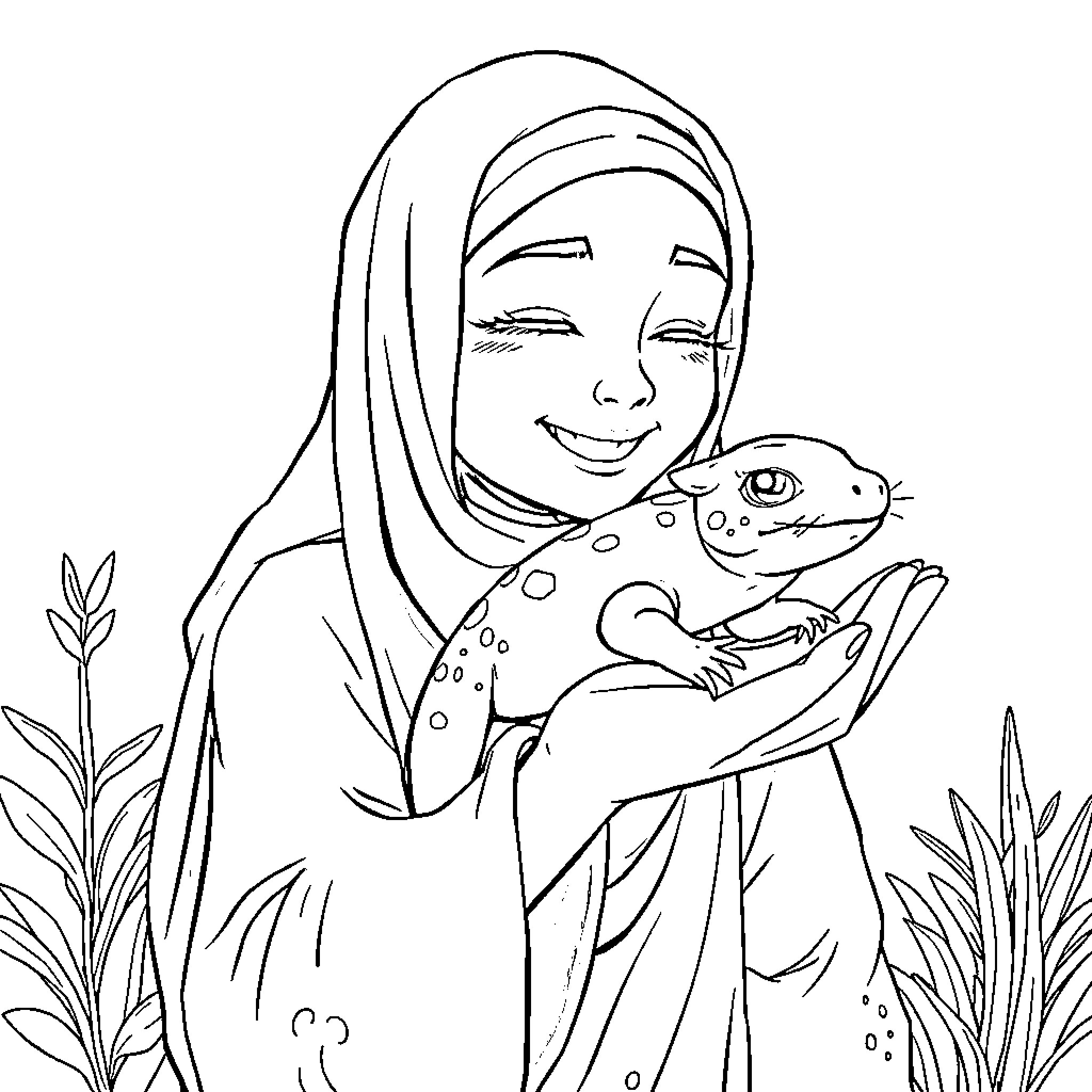 Rumi smiles with a spotted lizard in the garden Coloring Page (free black-and-white line drawing printable PDF for all, from beginners to advanced learners, including children, teens, adults, and seniors)