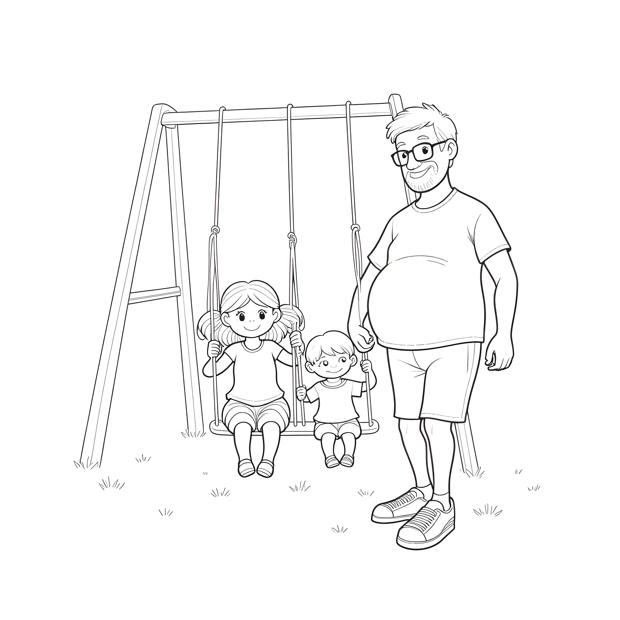 Grandfather and grandchildren playing on a swing Coloring Page (free black-and-white line drawing printable PDF for all, from beginners to advanced learners, including children, teens, adults, and seniors)