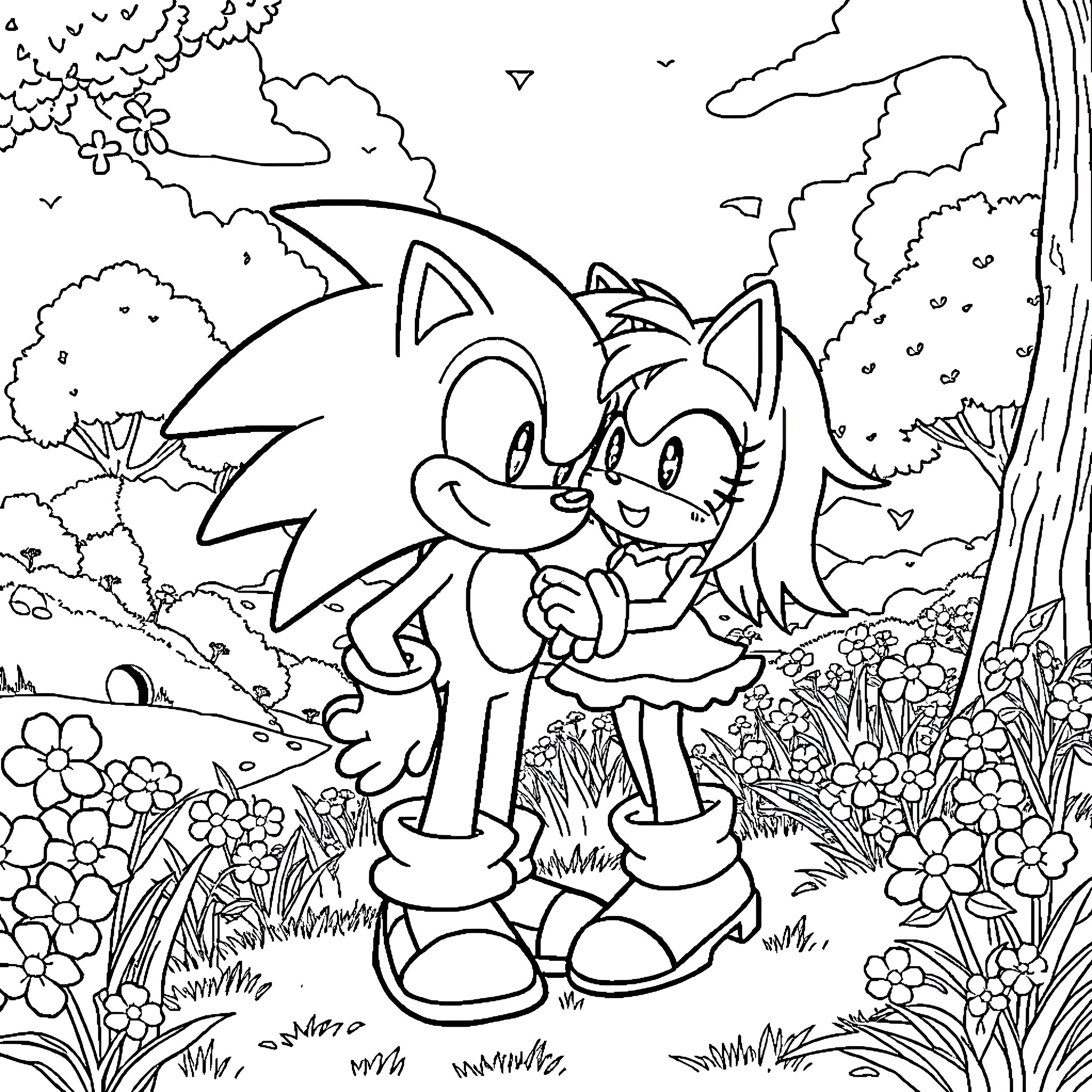 Sonic and Amy's Joyful Outdoor Adventure Coloring Page (free black-and-white line drawing printable PDF for all, from beginners to advanced learners, including children, teens, adults, and seniors)
