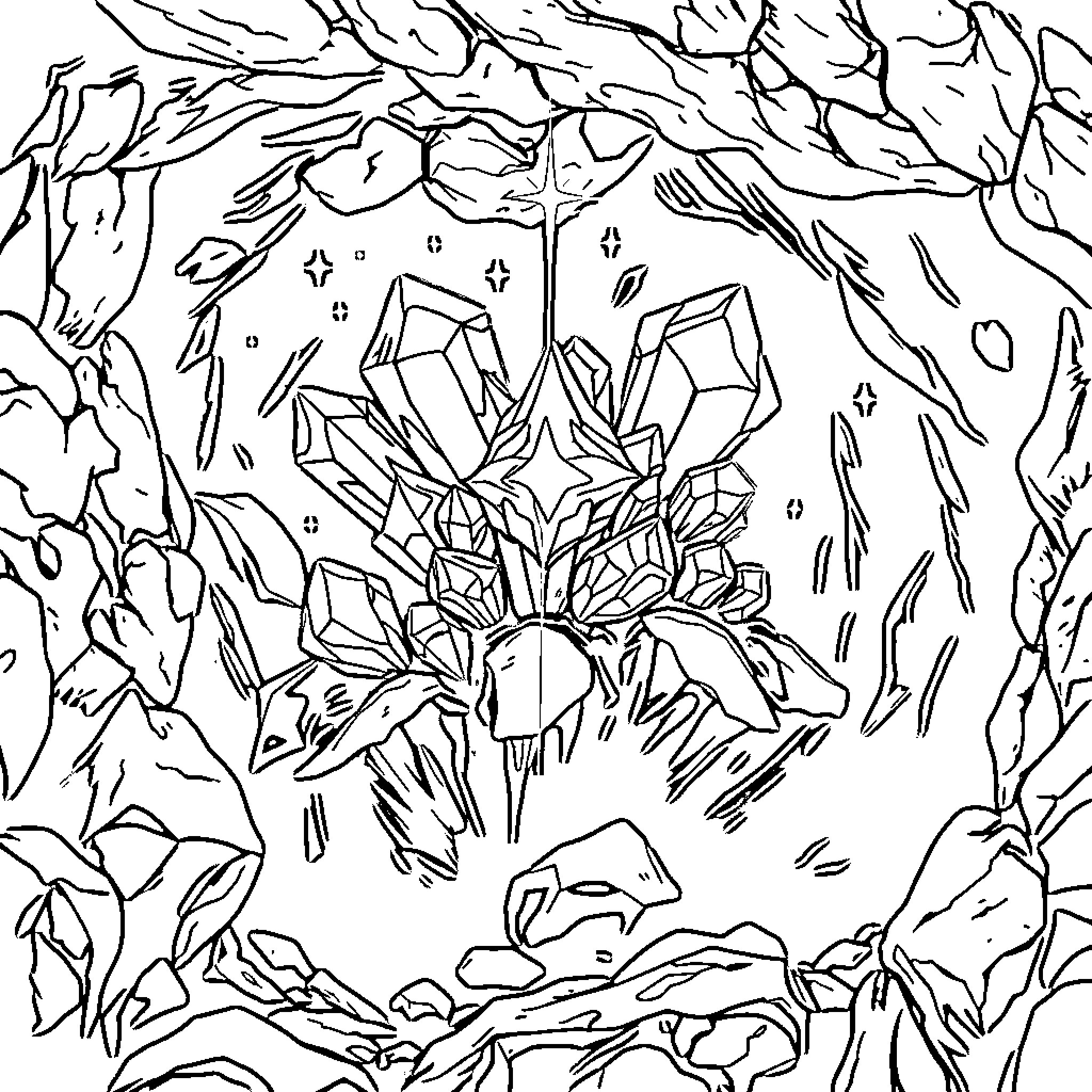 Gem Crystals in the Wintry Forest Coloring Page (free black-and-white line drawing printable PDF for all, from beginners to advanced learners, including children, teens, adults, and seniors)