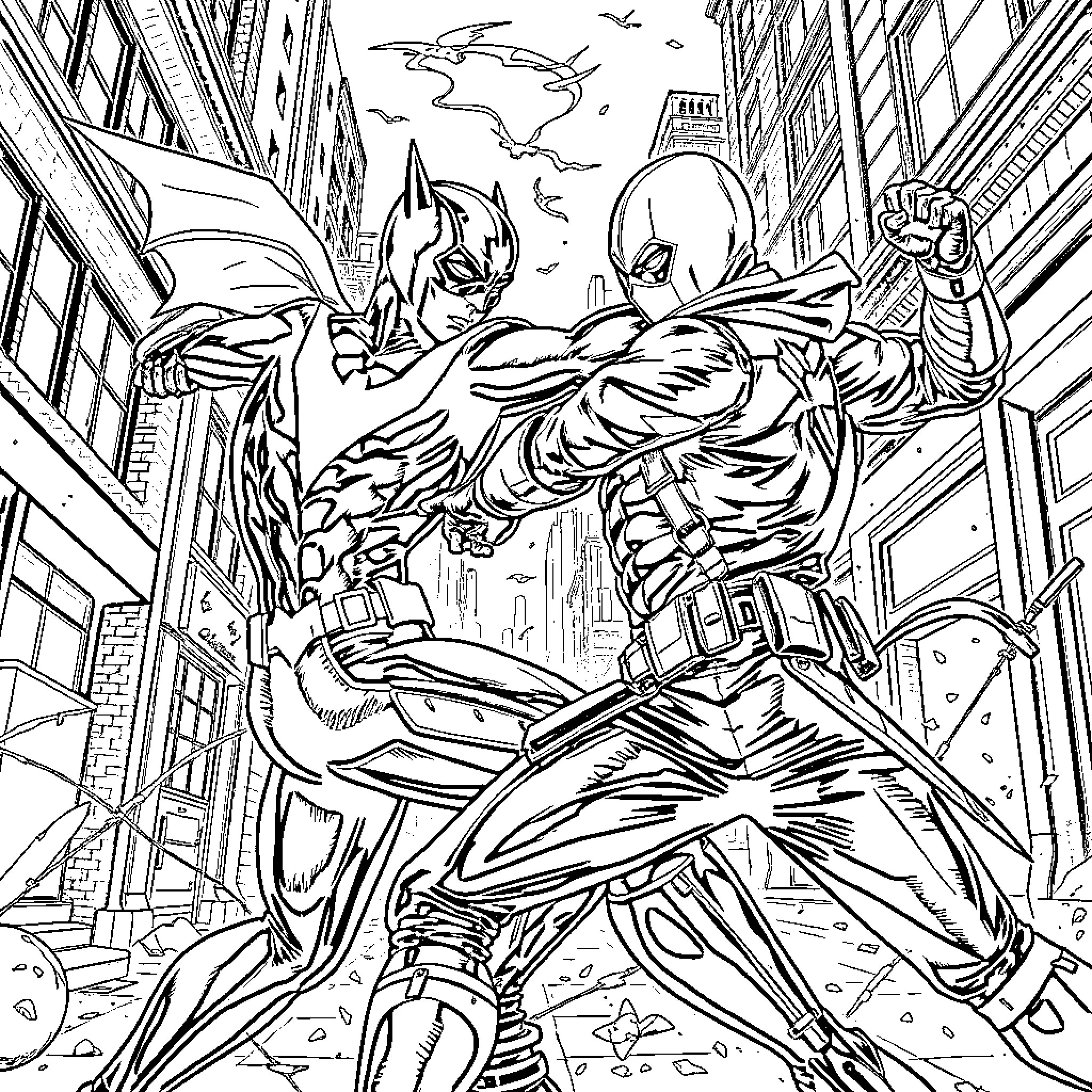 Nightwing in action-packed city scene Coloring Page (free black-and-white line drawing printable PDF for all, from beginners to advanced learners, including children, teens, adults, and seniors)