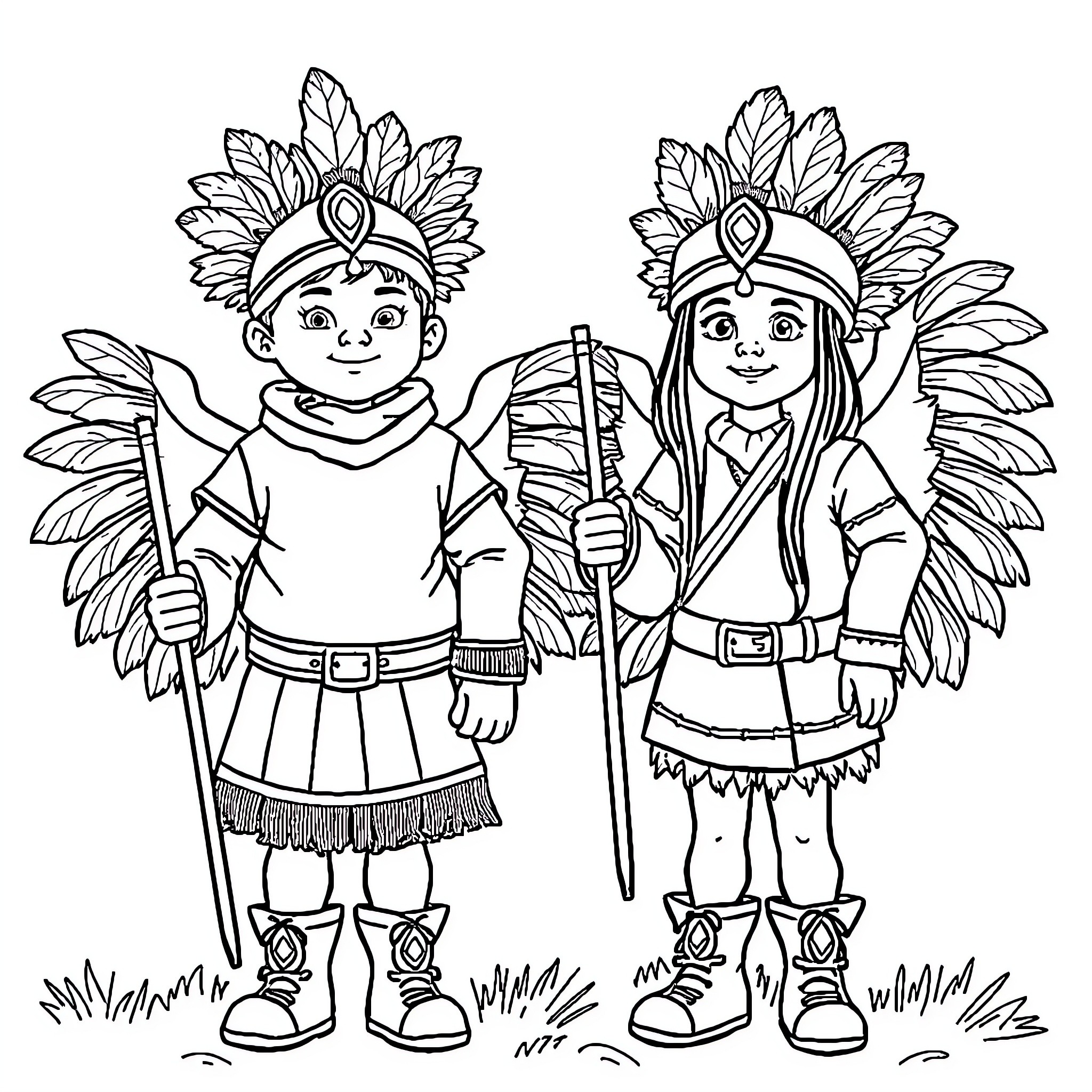 Indian Children in Traditional Tribal Outfits Coloring Page (free black-and-white line drawing printable PDF for all, from beginners to advanced learners, including children, teens, adults, and seniors)