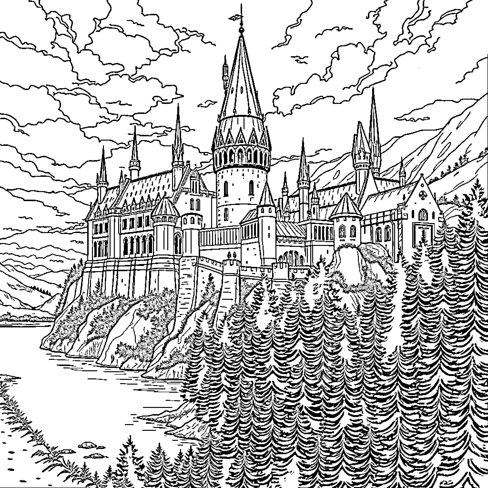 Hogwarts Castle in Enchanting Landscape Coloring Page (free black-and-white line drawing printable PDF for all, from beginners to advanced learners, including children, teens, adults, and seniors)