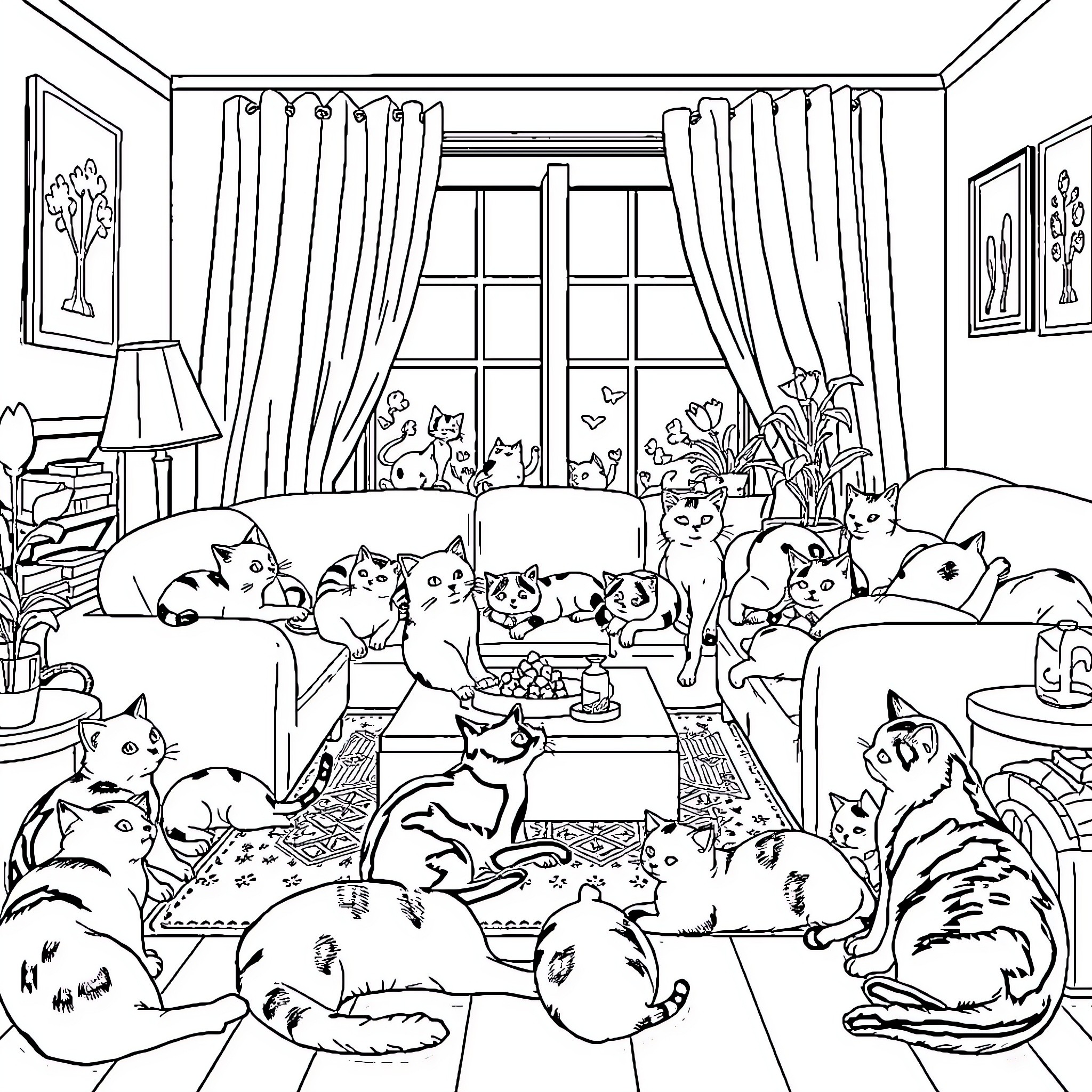 Cat Party at Home Coloring Page (free black-and-white line drawing printable PDF for all, from beginners to advanced learners, including children, teens, adults, and seniors)