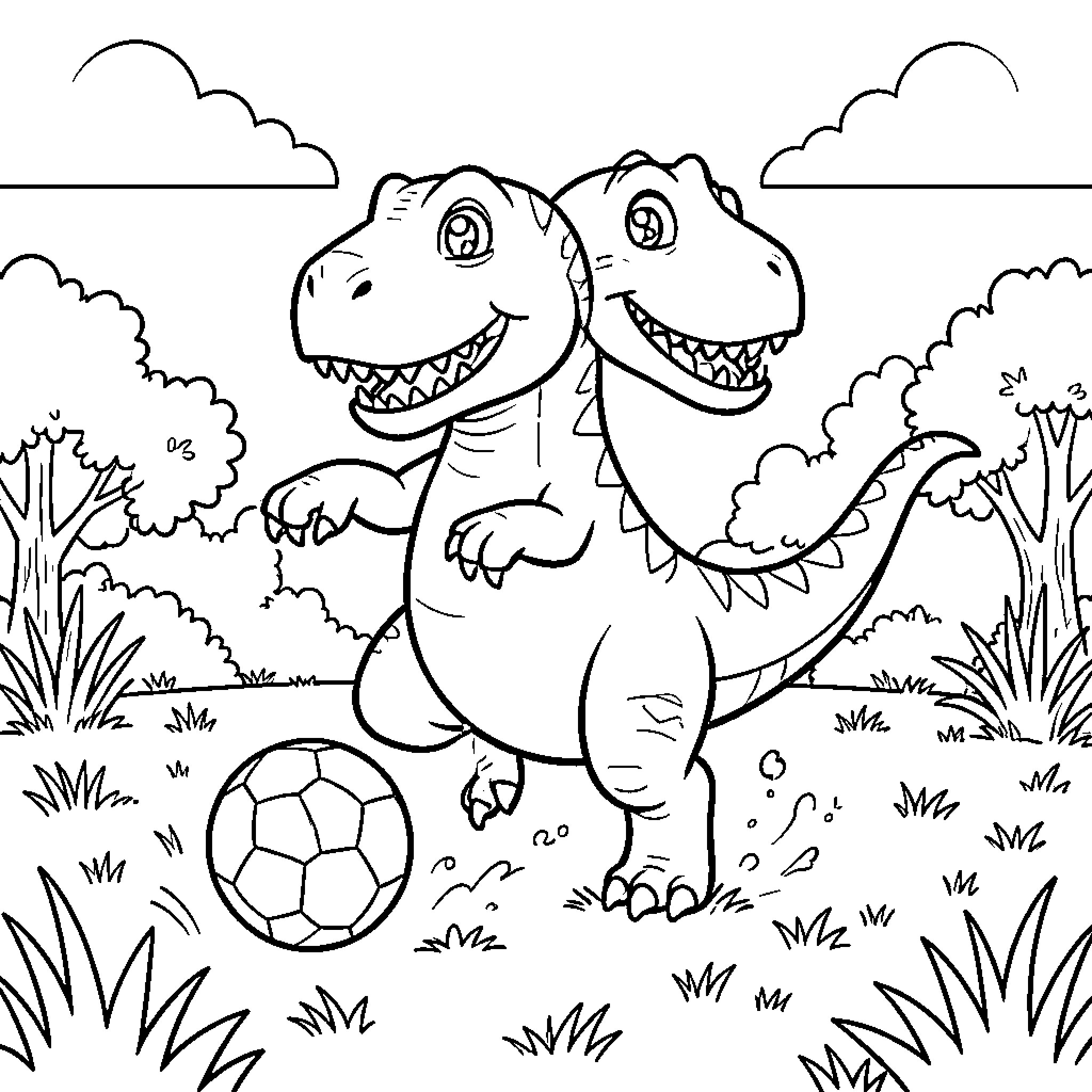Dino characters playing with a soccer ball outdoors Coloring Page (free black-and-white line drawing printable PDF for all, from beginners to advanced learners, including children, teens, adults, and seniors)