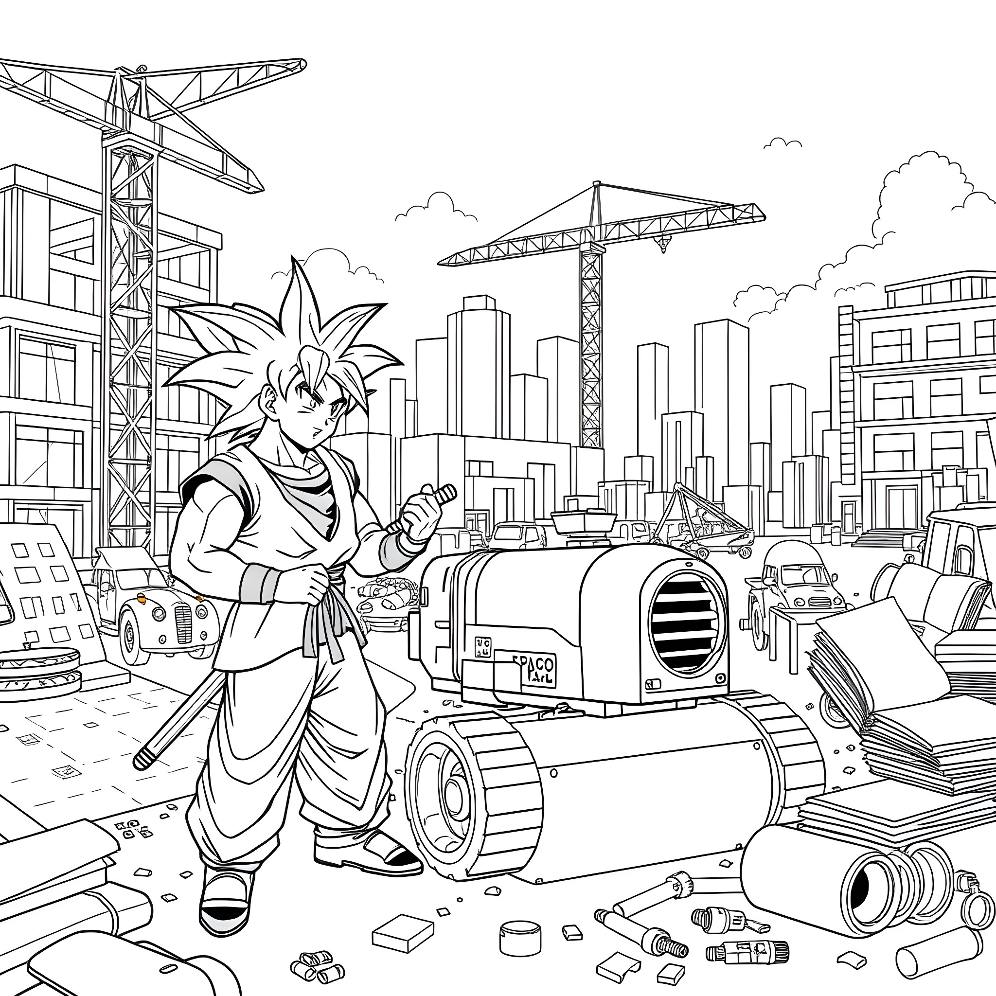 Dragon Ball Z - Goku explores a futuristic city Coloring Page (free black-and-white line drawing printable PDF for all, from beginners to advanced learners, including children, teens, adults, and seniors)