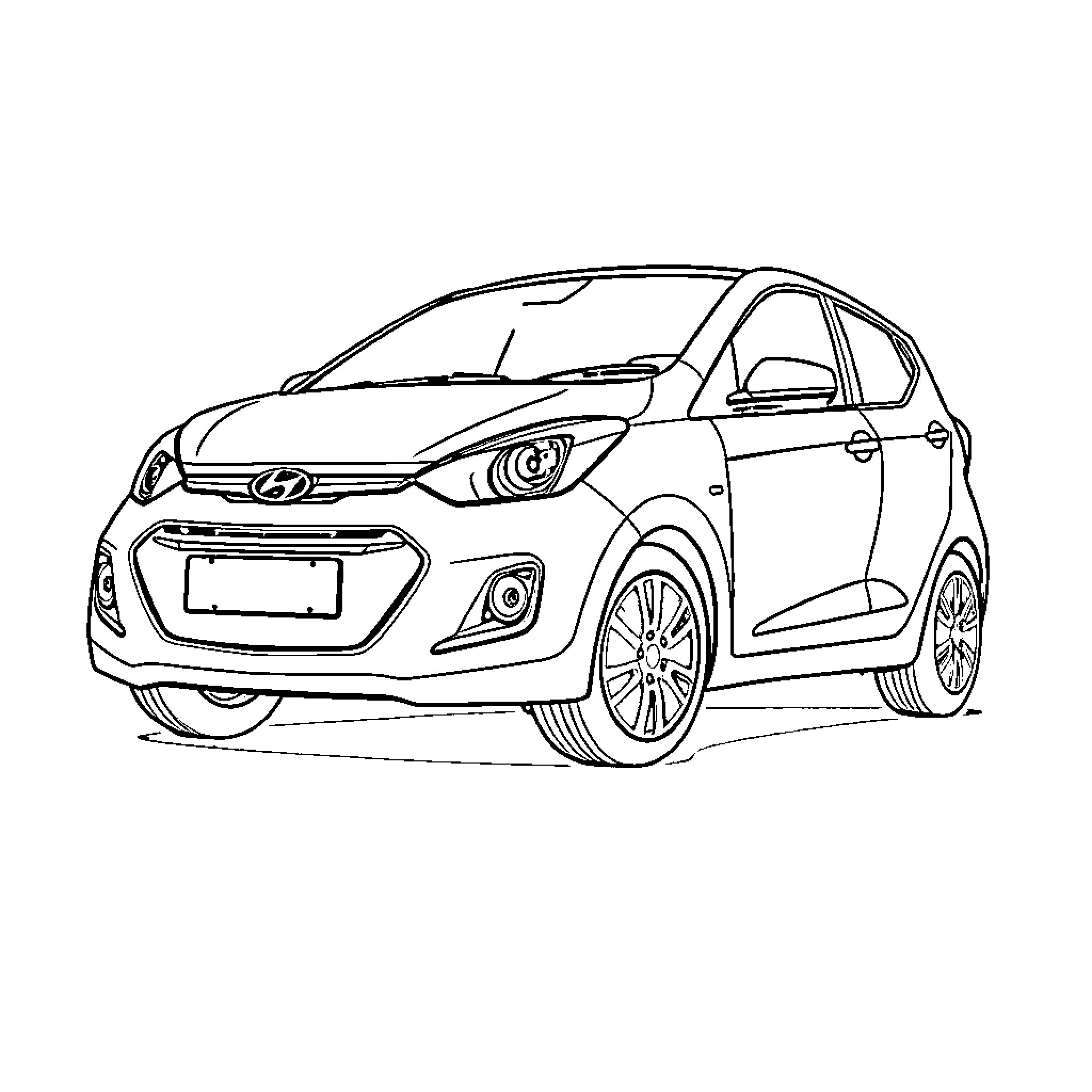 Hyundai Grand i10 parked on the street Coloring Page (free black-and-white line drawing printable PDF for all, from beginners to advanced learners, including children, teens, adults, and seniors)