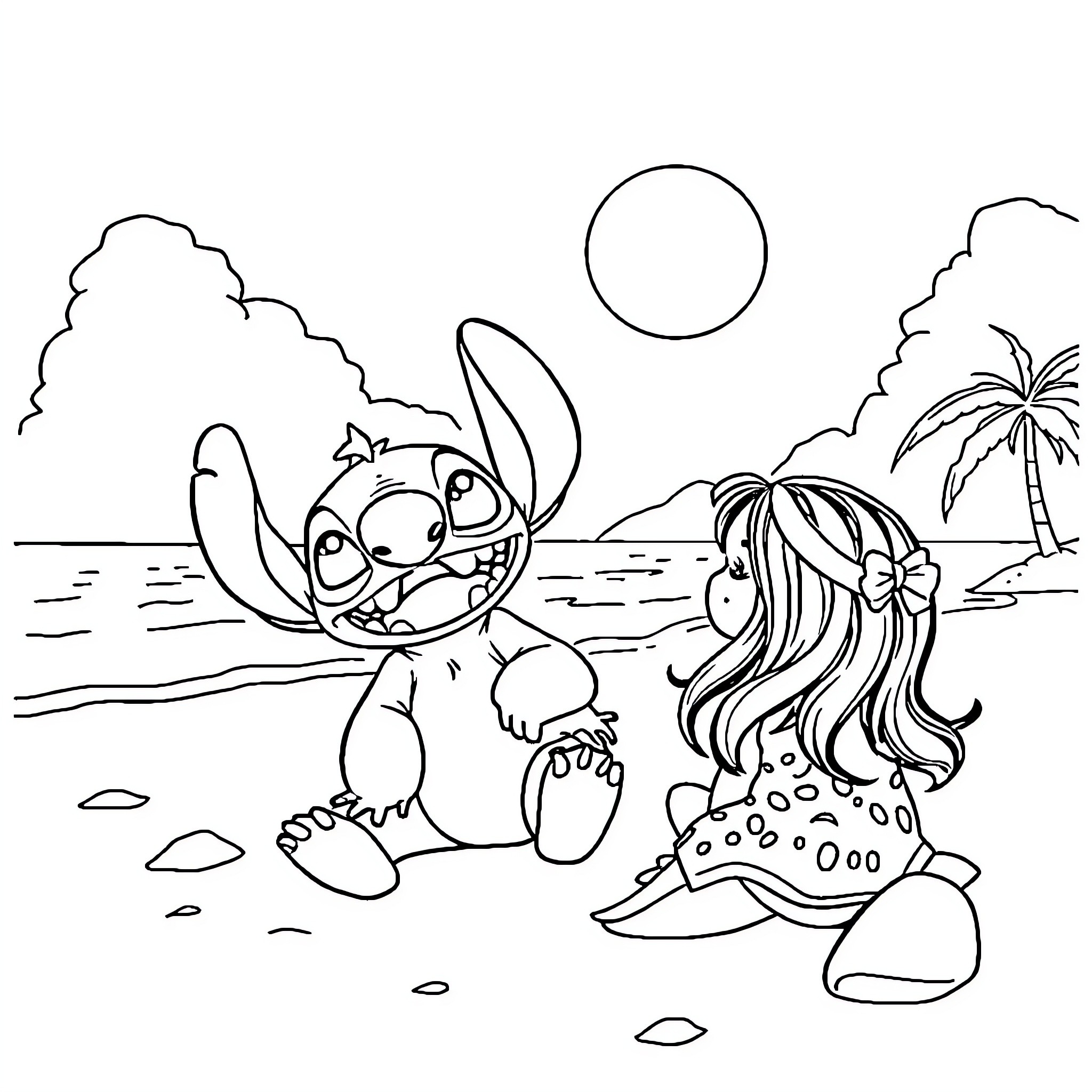 Lilo and Friend Explore Tropical Beach Coloring Page (free black-and-white line drawing printable PDF for all, from beginners to advanced learners, including children, teens, adults, and seniors)