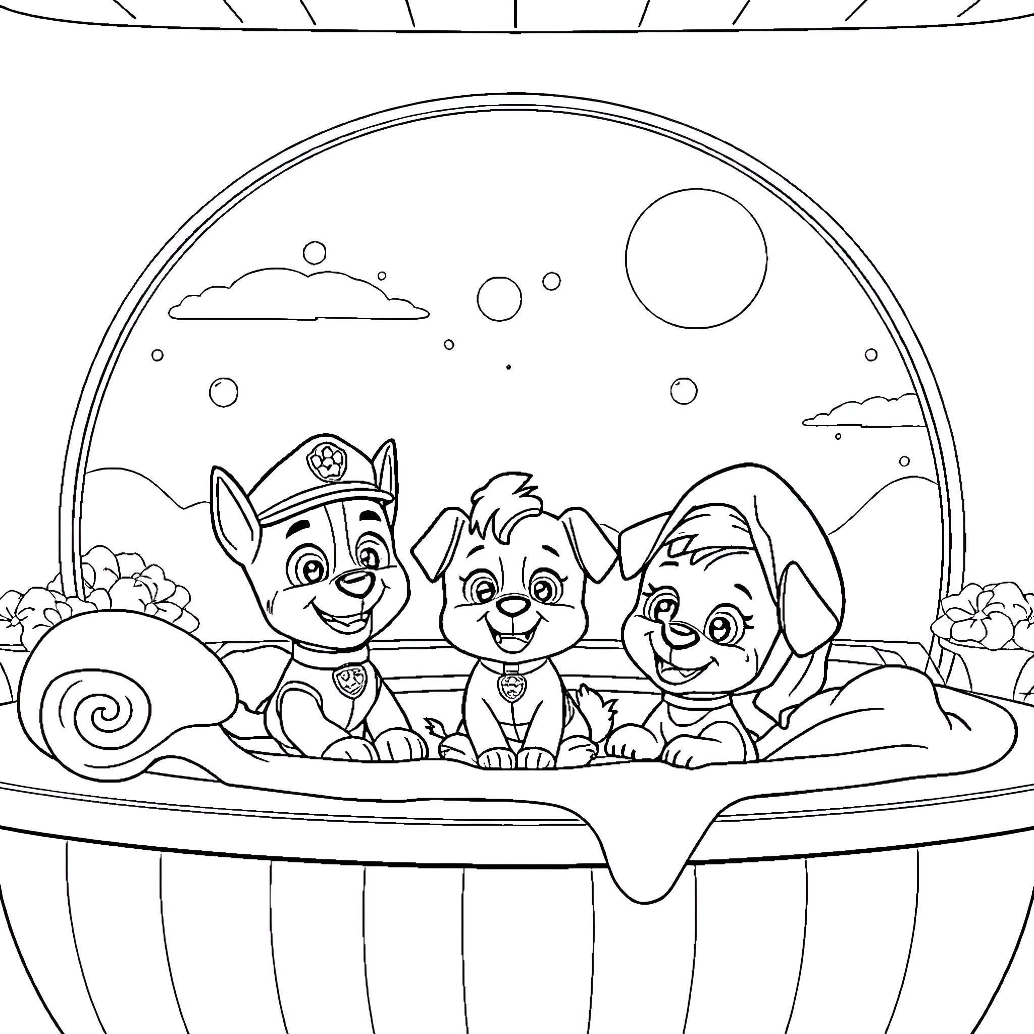 Paw Patrol characters in playful adventure Coloring Page (free black-and-white line drawing printable PDF for all, from beginners to advanced learners, including children, teens, adults, and seniors)