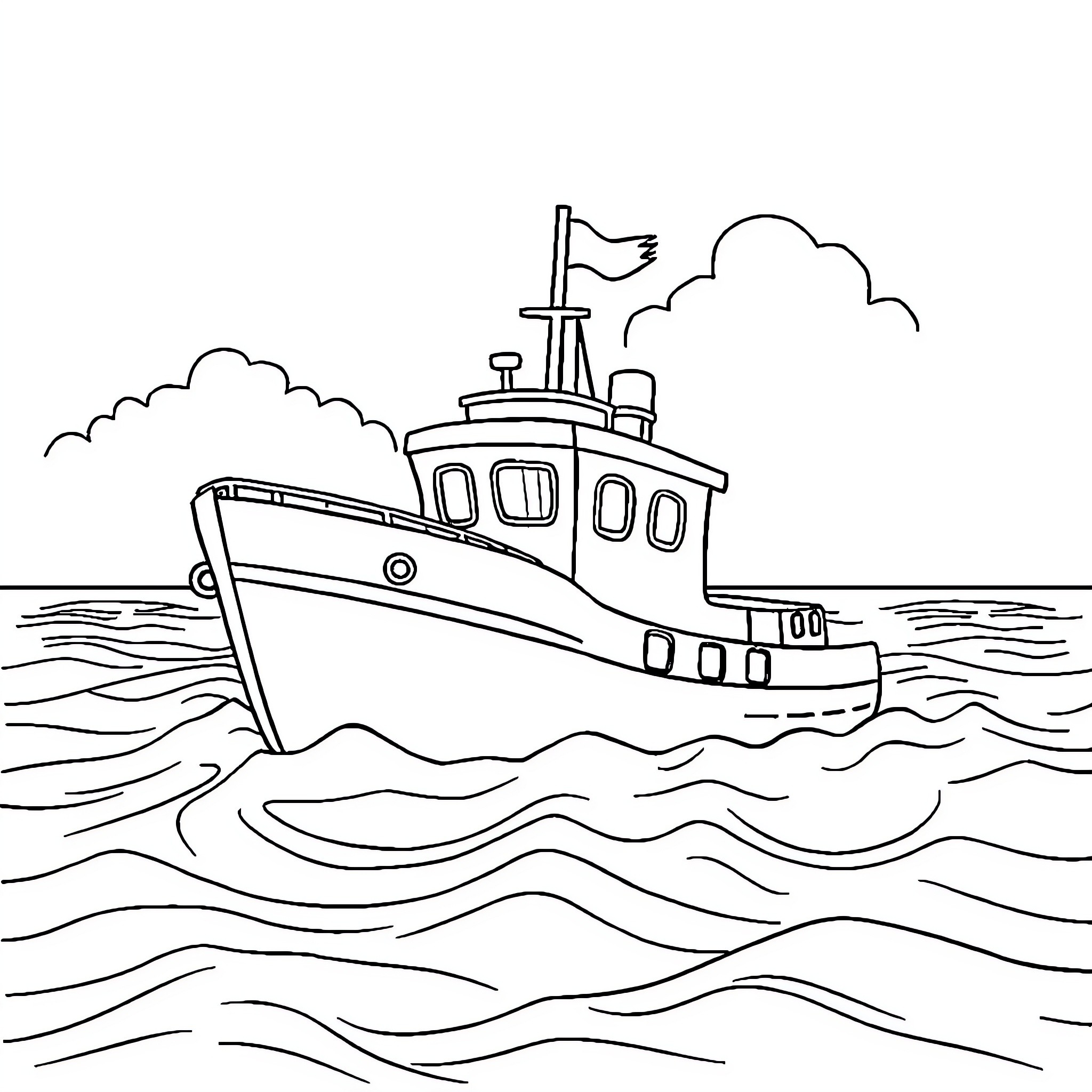 Barco sailing on the open ocean Coloring Page (free black-and-white line drawing printable PDF for all, from beginners to advanced learners, including children, teens, adults, and seniors)