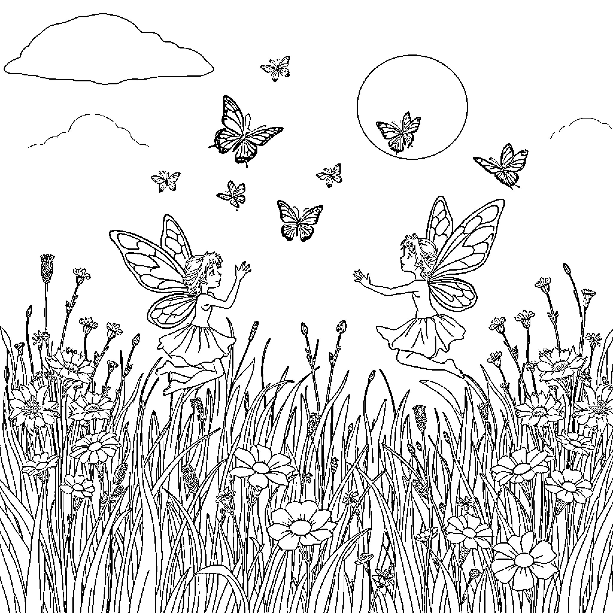Faerie Fairies Dancing Amidst Butterflies and Flowers Coloring Page (free black-and-white line drawing printable PDF for all, from beginners to advanced learners, including children, teens, adults, and seniors)