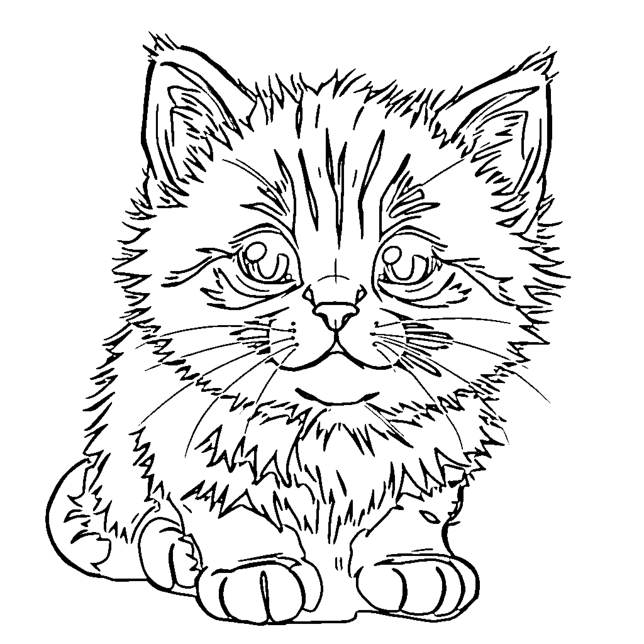 Cat sitting with fluffy fur and alert expression Coloring Page (free black-and-white line drawing printable PDF for all, from beginners to advanced learners, including children, teens, adults, and seniors)