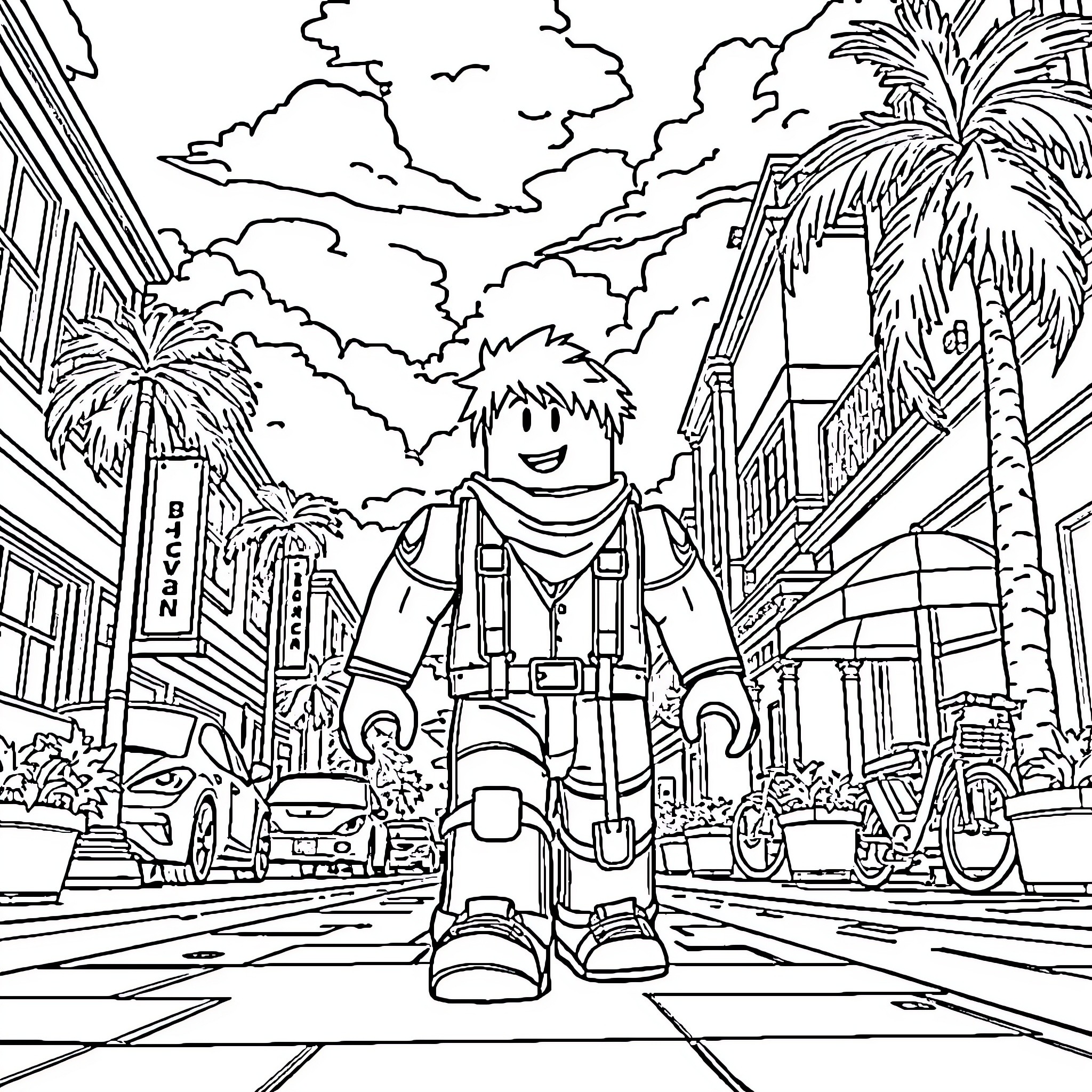 Roblox Character in a Tropical City Scene Coloring Page (free black-and-white line drawing printable PDF for all, from beginners to advanced learners, including children, teens, adults, and seniors)