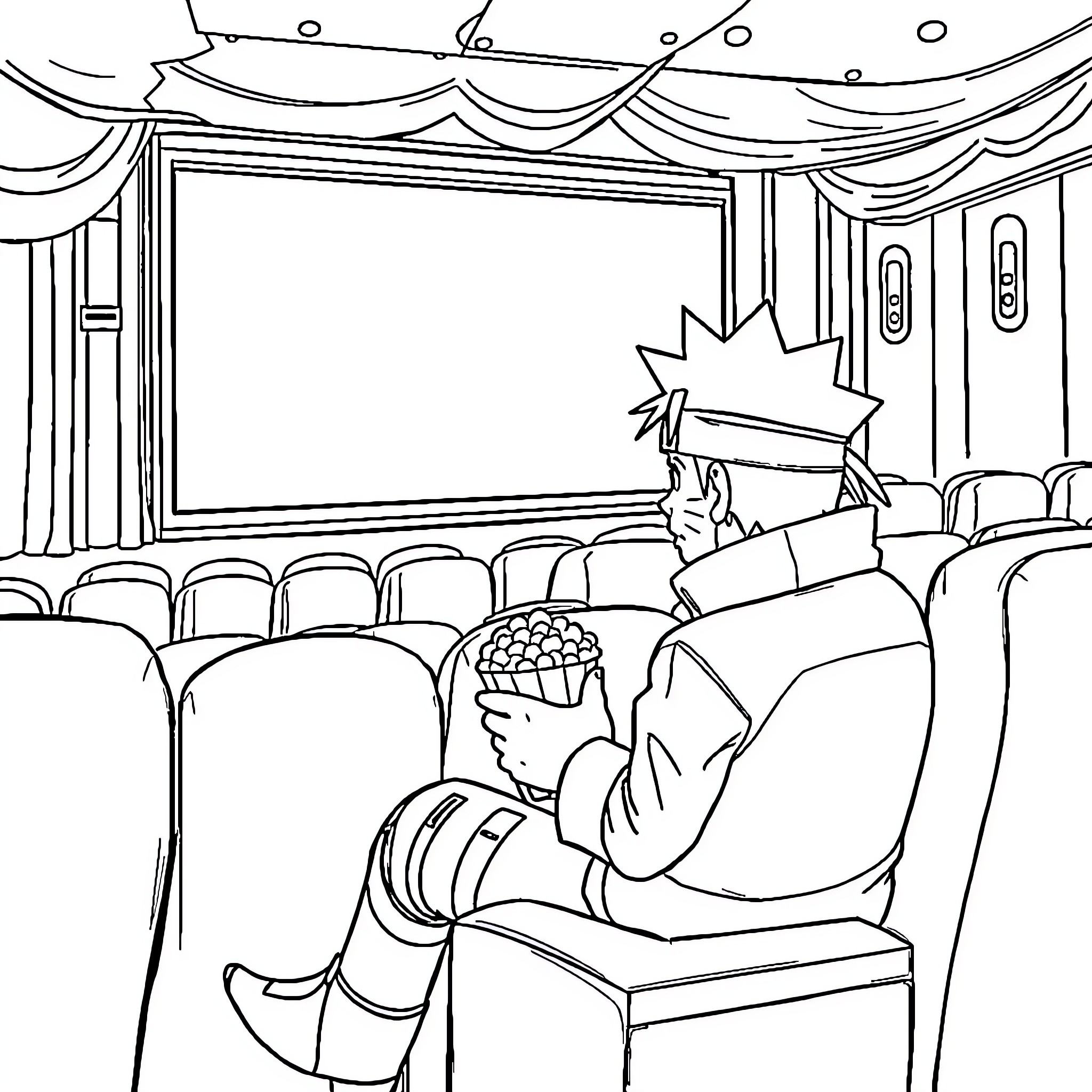 Naruto characters watching a movie in the theater Coloring Page (free black-and-white line drawing printable PDF for all, from beginners to advanced learners, including children, teens, adults, and seniors)