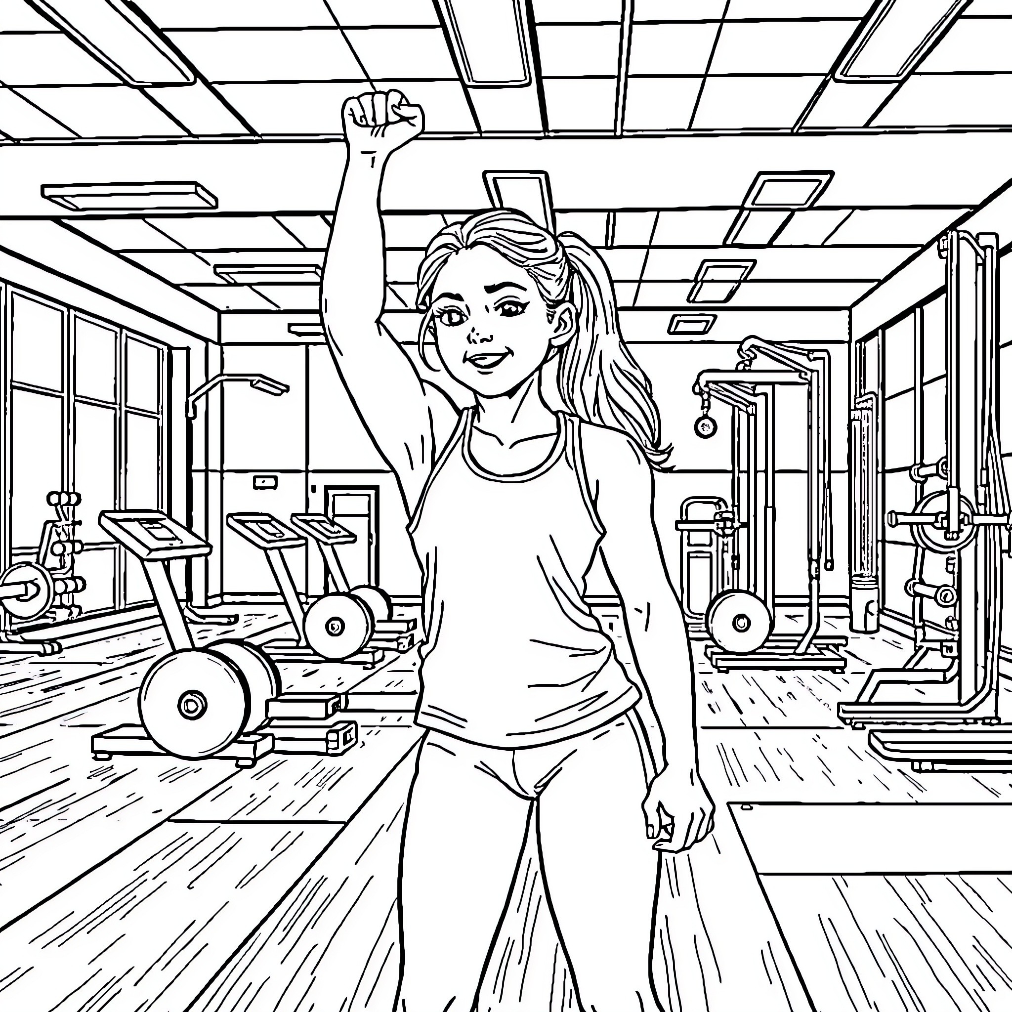 Girl exercising enthusiastically in gym Coloring Page (free black-and-white line drawing printable PDF for all, from beginners to advanced learners, including children, teens, adults, and seniors)