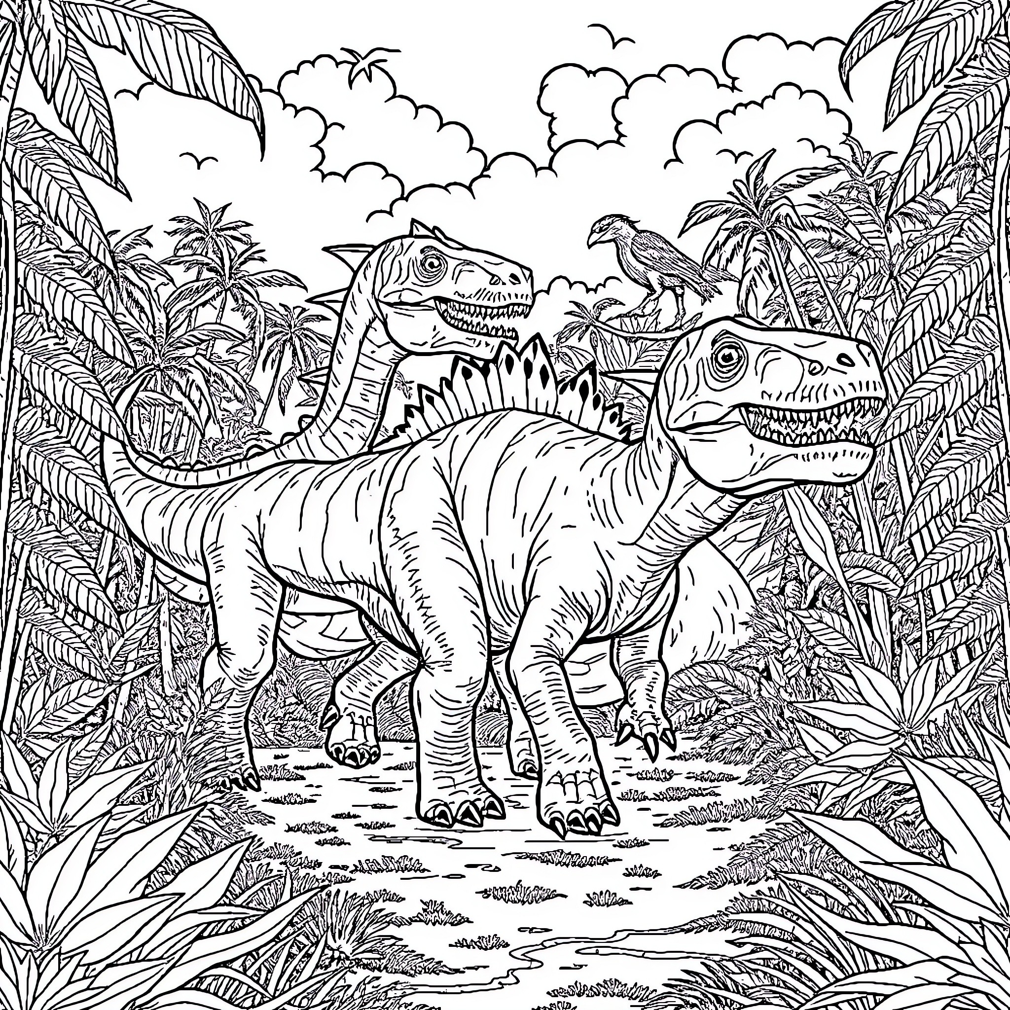 Dinosaur Gathering in Lush Prehistoric Landscape Coloring Page (free black-and-white line drawing printable PDF for all, from beginners to advanced learners, including children, teens, adults, and seniors)