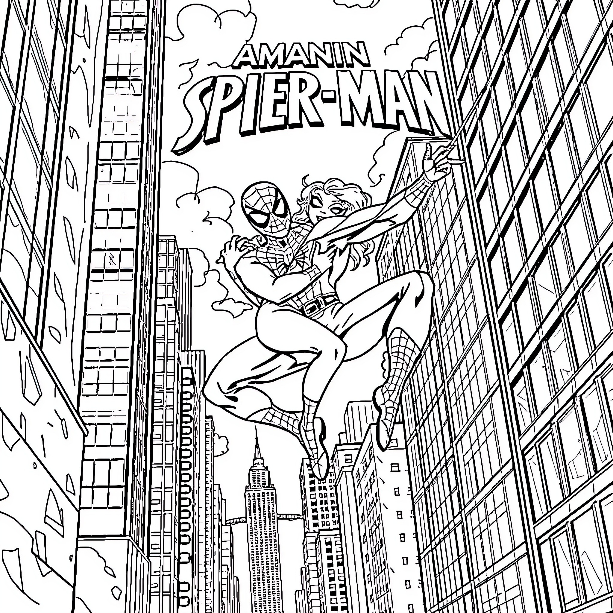 Spiderman swinging through the city streets Coloring Page (free black-and-white line drawing printable PDF for all, from beginners to advanced learners, including children, teens, adults, and seniors)
