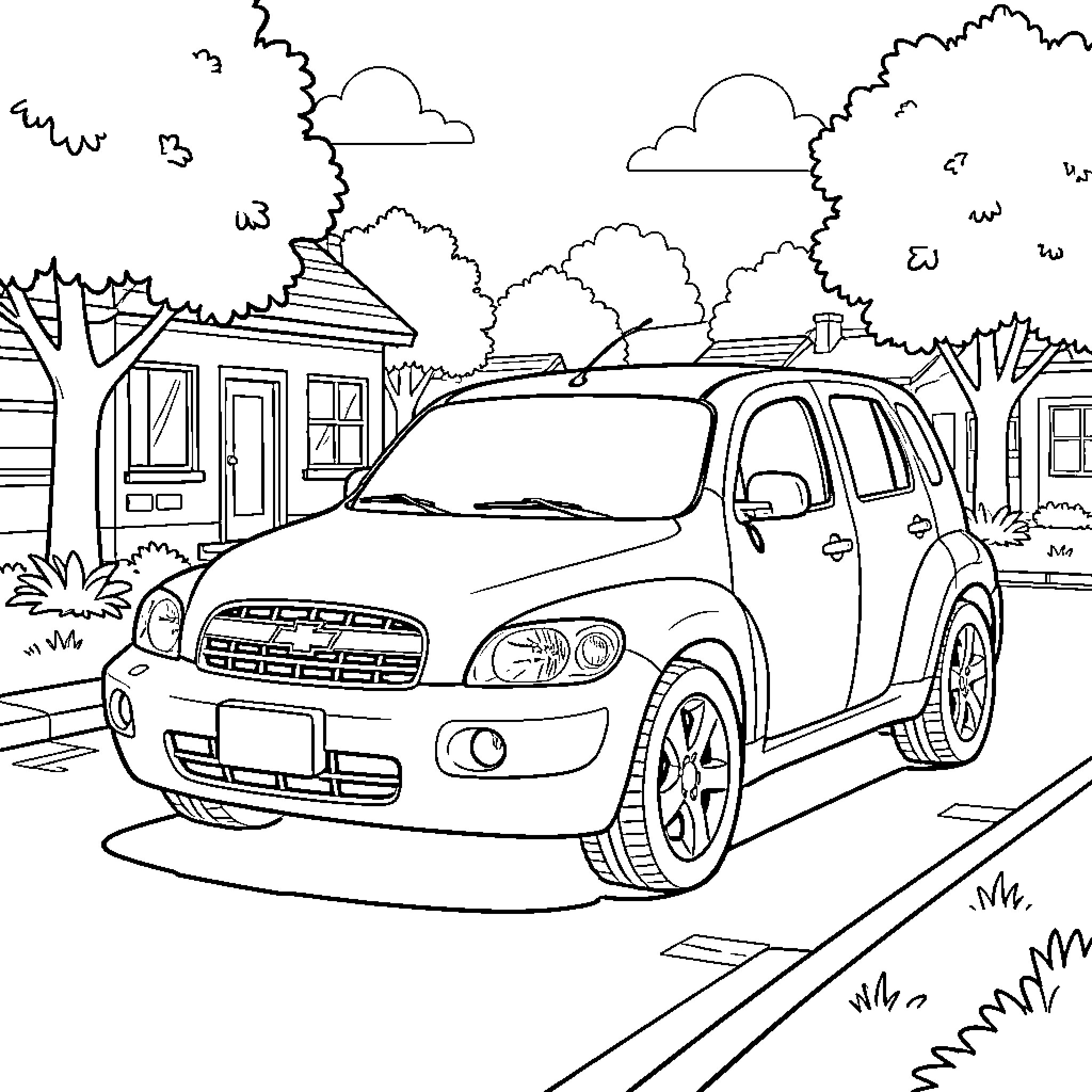 Chevrolet HHR parked on a suburban street Coloring Page (free black-and-white line drawing printable PDF for all, from beginners to advanced learners, including children, teens, adults, and seniors)